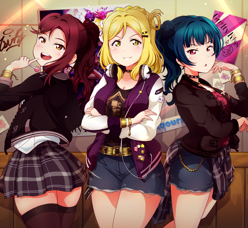 :3 :d :o absurdres black_hair black_jacket black_shirt blonde_hair blunt_bangs bracelet breasts brown_eyes candy choker cleavage clothes_around_waist cowboy_shot crossed_arms denim denim_shorts food guilty_kiss_(love_live!) hair_bun hair_ornament hair_rings hairpin hand_on_own_cheek hand_on_own_face headphones headphones_around_neck highres holding jacket jewelry large_breasts lollipop looking_at_viewer love_live! love_live!_sunshine!! medium_breasts medium_hair multiple_girls ohara_mari open_clothes open_jacket open_mouth parted_bangs pink_shirt plaid plaid_skirt pointing pointing_at_self ponytail poster_(object) purple_jacket red_hair sakurauchi_riko shirt short_shorts shorts sidelocks single_side_bun skindentation skirt smile star_(symbol) thighhighs thighs tsumikiy tsushima_yoshiko white_shirt yellow_eyes zettai_ryouiki