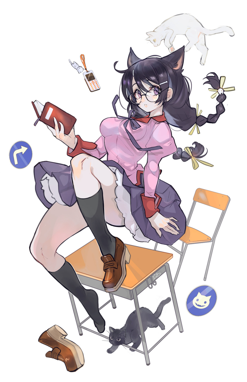 alpaca_carlesi animal animal_ears antenna_hair bakemonogatari bench black_cat black_hair black_socks braid breasts brown_footwear cat_ears chair commentary english_commentary feline female glasses hair_between_eyes hair_ornament hanekawa_tsubasa highres kemonomimi_mode long_braid long_hair monogatari_(series) multiple_cats naoetsu_high_school_uniform pink_shirt purple_eyes school_chair school_uniform shirt shoes single_shoe skirt socks solo thighhighs thighs white_background white_cat