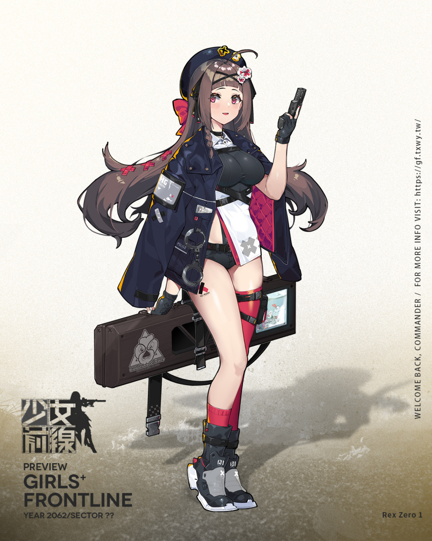 ahoge asymmetrical_legwear bad_link belt beret black_gloves black_shorts blue_hat blunt_bangs blush braid breasts brown_hair character_name colored_shoe_soles cuffs female fingerless_gloves flower girls'_frontline gloves gun hair_flower hair_ornament hair_ribbon handcuffs handgun hat highres holding holding_gun holding_weapon jacket kneehighs large_breasts long_hair long_sleeves off_shoulder official_art pink_eyes pink_legwear promotional_art rex_zero_1 rex_zero_1_(girls'_frontline) ribbon shorts side_braid single_kneehigh single_sock single_thighhigh sleeves_past_wrists socks solo thigh_strap thighhighs uneven_legwear weapon wulazula