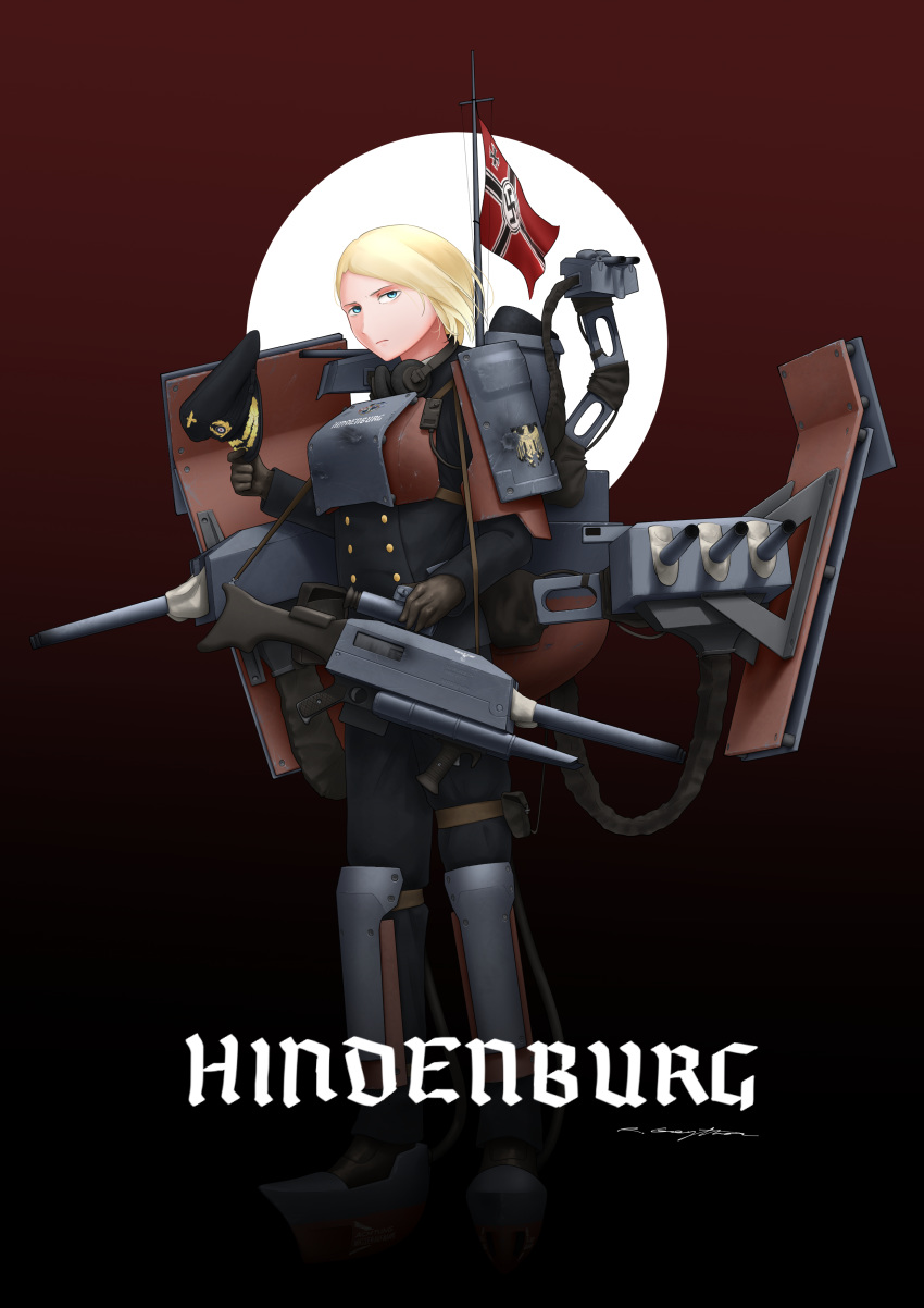 absurdres armor black_gloves blonde_hair blue_eyes breastplate cannon character_name commentary dark_background english_commentary female flag full_body gloves hat headphones headphones_around_neck highres hindenburg_(ryan_greythorn) holding holding_clothes holding_hat kriegsmarine long_sleeves machinery military military_uniform nazi_war_ensign original peaked_cap personification pouch rigging ryan_greythorn shin_guards short_hair signature solo standing swastika turret uniform unworn_hat unworn_headwear world_of_warships