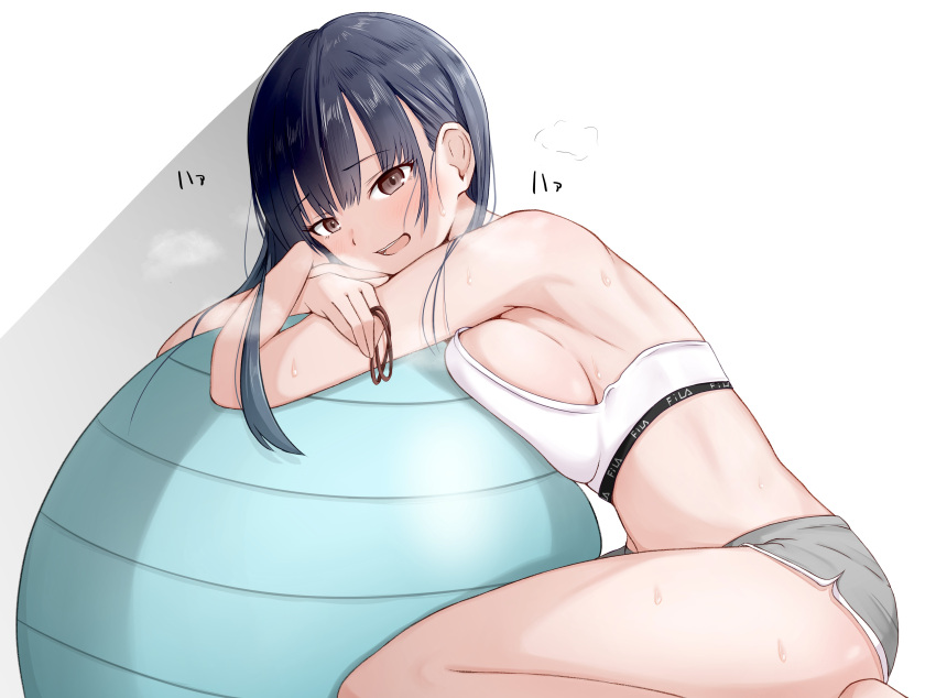 absurdres ass ball black_hair blush boku_no_kokoro_no_yabai_yatsu breast_press breasts brown_eyes commentary dripping exercise_ball female highres large_breasts leaning_on_ball long_hair looking_at_viewer pressing rubber_band sacra_(sacrabokuyaba) shiny_skin short_hair short_shorts shorts sideboob simple_background solo sports_bra steam sweat white_background yamada_anna