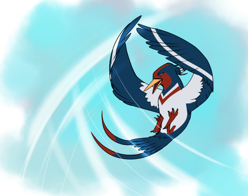 absurd_res avian avian_feet beak bird blue_body feathered_crest feathered_wings feathers feet female flying generation_3_pokemon head_crest hi_res markings mistral_(gyro) nintendo pokemon pokemon_(species) pokemon_move red_markings scruffasus solo spread_wings swellow tail tail_feathers talons toes white_body white_markings wings yellow_eyes