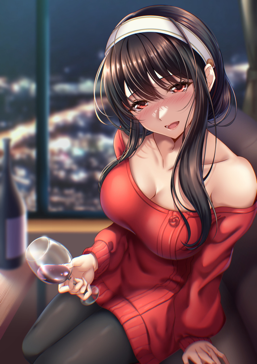 alcohol bare_shoulders black_hair black_pantyhose blurry blurry_background blush bottle breasts city_lights cleavage collarbone commentary_request couch cup dress drinking_glass drunk female hairband highres leaning_forward long_hair medium_breasts night nose_blush off-shoulder_sweater off_shoulder on_couch open_mouth pantyhose rairaisuruyo red_eyes red_sweater short_hair_with_long_locks sidelocks sitting solo spy_x_family sweater sweater_dress white_hairband window wine wine_bottle wine_glass yor_briar