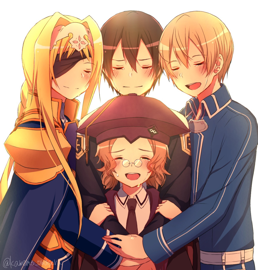 2boys 2girls :d alice_zuberg armor black_hair black_necktie blonde_hair blue_cape blue_jacket cape cardinal_(sao) closed_eyes closed_mouth collared_jacket collared_shirt crying enokimo_me eugeo eyepatch facing_viewer glasses hair_between_eyes hair_intakes hairband hat height_difference highres jacket kirito long_hair multiple_boys multiple_girls necktie open_mouth pauldrons pince-nez purple_headwear round_eyewear school_uniform shirt short_hair shoulder_armor simple_background smile sword_art_online sword_art_online:_alicization sword_art_online:_alicization_-_war_of_underworld sword_mastery_academy_school_uniform tears twitter_username very_long_hair white_background white_hairband white_shirt wing_collar