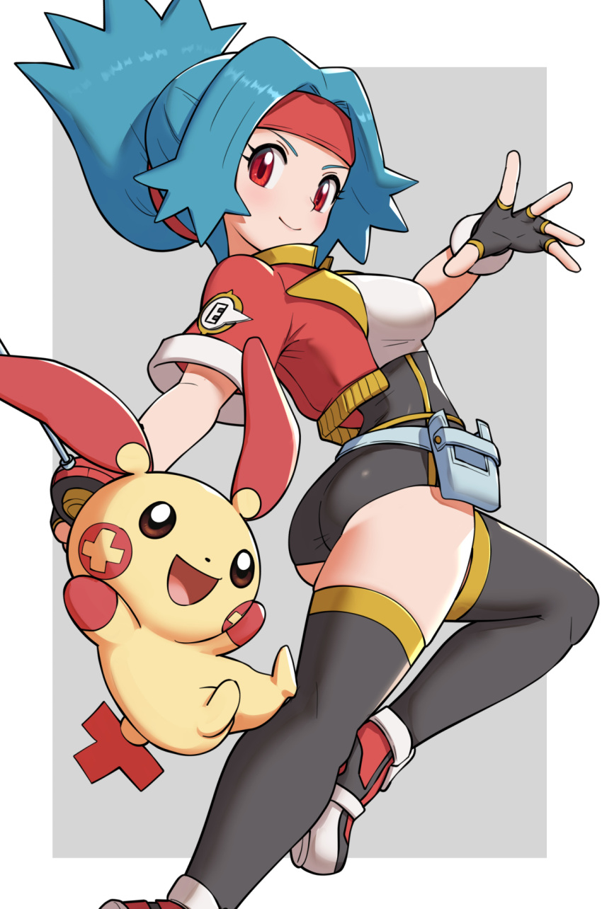 ass bad_id bad_twitter_id blue_hair blush breasts capture_styler closed_mouth commentary_request cropped_jacket eyelashes female fingerless_gloves gloves gonzarez headband highres holding jacket long_hair looking_at_viewer open_clothes open_jacket plusle pokemon pokemon_(creature) pokemon_ranger pokemon_ranger_1 red_eyes red_headband red_jacket shirt shoes short_sleeves smile solana_(pokemon) spread_fingers thighhighs white_shirt