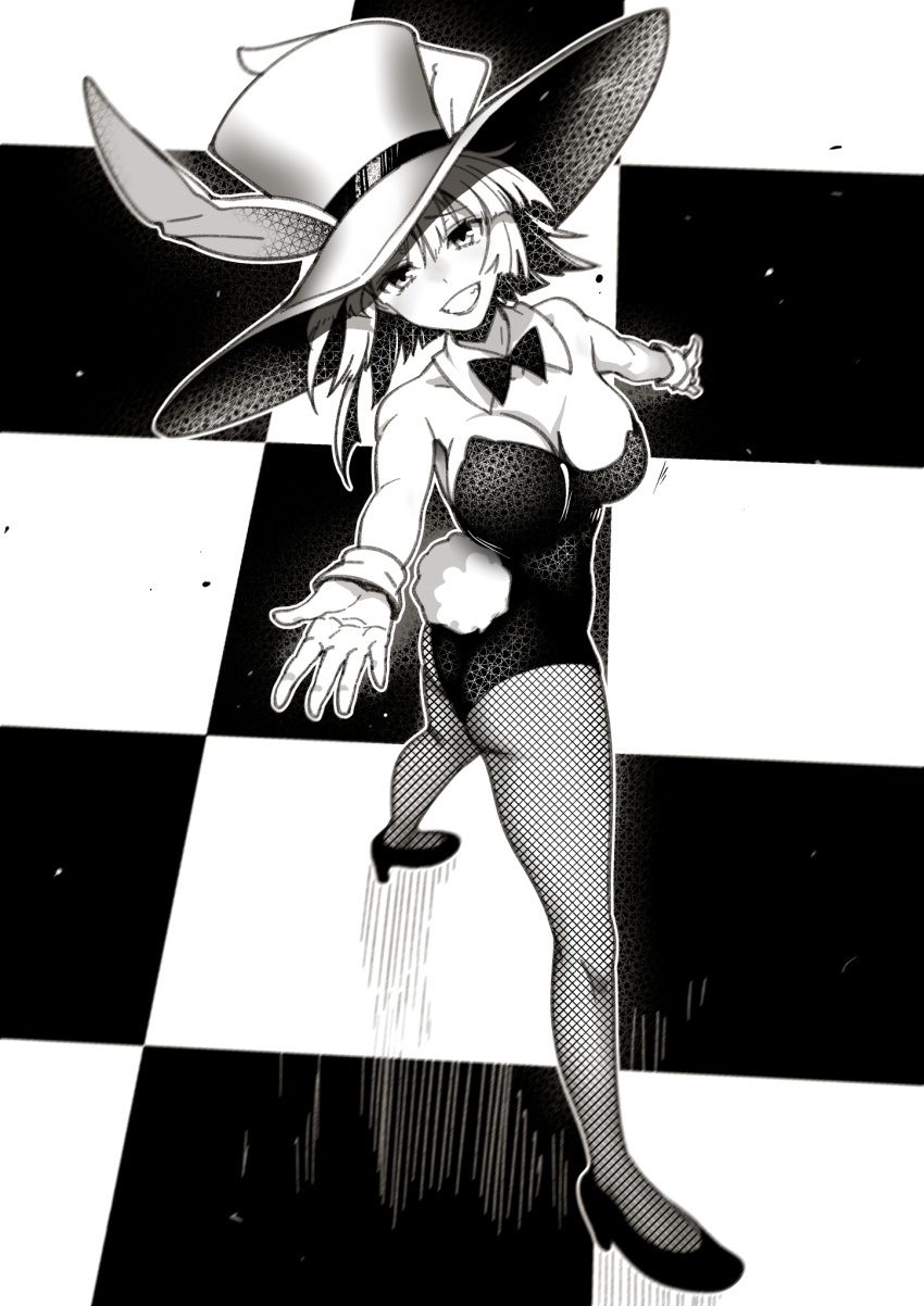 animal_ears ass bare_shoulders bow bowtie breasts character_request checkered_floor detached_collar female fishnet_pantyhose fishnets full_body greyscale grin hat high_heels highleg highleg_leotard highres large_breasts leotard looking_at_viewer medium_hair monochrome pantyhose playboy_bunny puyo_(puyotopia) rabbit_ears rabbit_tail smile solo spread_legs standing strapless strapless_leotard tail top_hat wing_collar wrist_cuffs