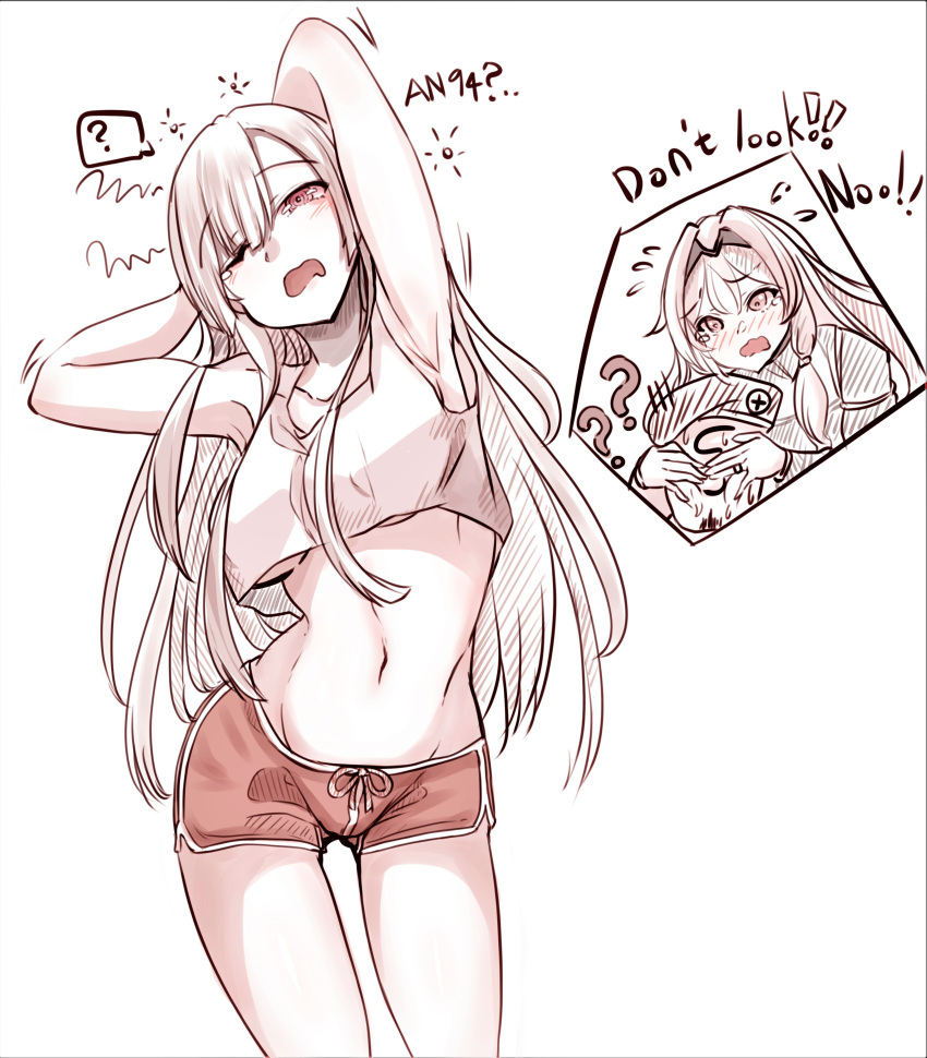 ! !! 1boy 2girls ? ?? absurdres ak-12_(girls'_frontline) an-94_(girls'_frontline) armpits arms_up blush breasts commander_(girls'_frontline) covering_another's_eyes crop_top dolphin_shorts english_commentary english_text girls'_frontline hairband highres long_hair medium_breasts monochrome multiple_girls navel one_eye_closed open_mouth peroronti s-head_commander short_shorts shorts simple_background sleepy speech_bubble squeans sweat teardrop underboob yawning