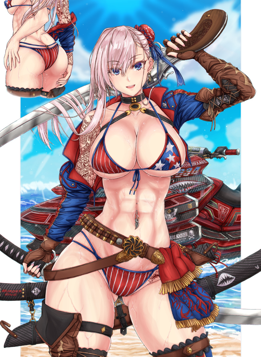 abs american_flag american_flag_bikini american_flag_print ass asymmetrical_hair beach bikini blue_eyes blue_sky breasts brown_gloves bun_cover butt_crack cleavage dual_wielding earrings fate/grand_order fate_(series) female flag_print from_behind gloves gunblade hair_bun hair_ornament highres holding jet_ski jewelry katana large_breasts mickey_dunn miyamoto_musashi_(fate) miyamoto_musashi_(swimsuit_berserker)_(fate) miyamoto_musashi_(swimsuit_berserker)_(second_ascension)_(fate) multi-strapped_bikini_bottom multiple_views muscular muscular_female navel_piercing obliques piercing pink_hair pink_nails ponytail print_bikini print_swimsuit sheath sheathed shrug_(clothing) single_side_bun single_sidelock sky sweat swept_bangs swimsuit sword thighhighs two-tone_swimsuit unsheathed weapon