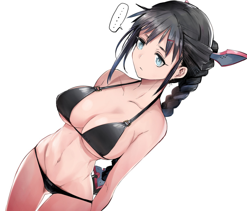 ... absurdres ass_visible_through_thighs bikini black_bikini blue_eyes braid breasts cleavage collarbone commentary expressionless female fuuka_(uchuu_ken'etsu-kan) hair_behind_ear highres large_breasts long_hair looking_ahead navel sadamatsu_ryuuichi solo spoken_ellipsis stomach swimsuit symbol-only_commentary uchuu_ken'etsu-kan very_long_hair white_background