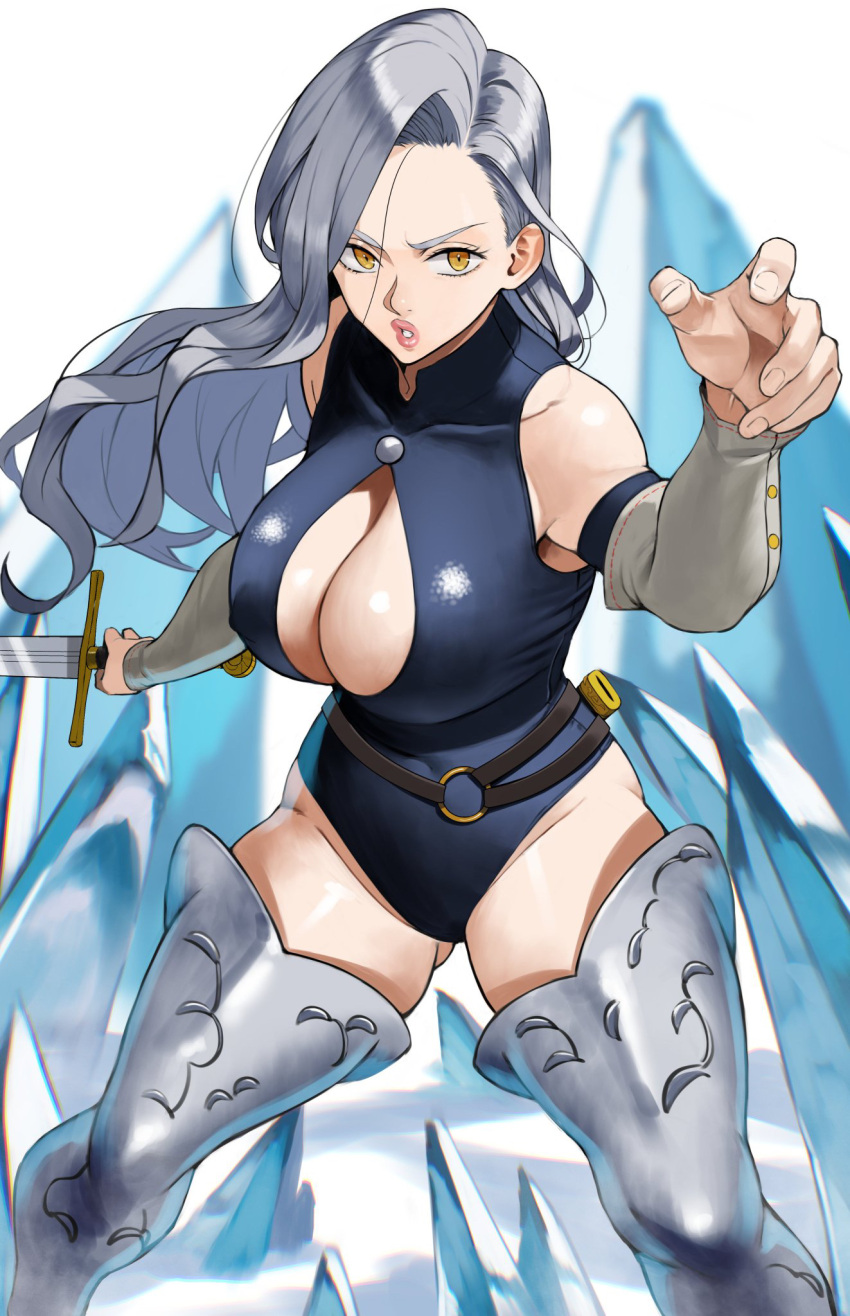 armored_boots ass_visible_through_thighs bad_id bad_pixiv_id bare_shoulders belt blue_hair blue_leotard blurry boots breasts cleavage cleavage_cutout clothing_cutout depth_of_field detached_sleeves female fighting_stance highres holding holding_sword holding_weapon jericho_(nanatsu_no_taizai) large_breasts leotard light_blue_hair lips long_hair looking_at_viewer mokushiroku_no_yonkishi nanatsu_no_taizai parted_lips scabbard sheath simple_background skin_tight solo stray_hair sword thigh_boots weapon yellow_eyes yoshio_(55level)