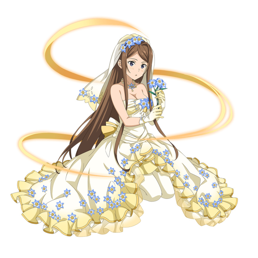 blue_eyes blue_flower breasts bridal_veil brown_hair cleavage collarbone dress female flower hair_flower hair_ornament head_wreath highres holding holding_flower jewelry kneeling layered_dress long_dress long_hair medium_breasts necklace official_art open_mouth pantyhose parted_bangs sidelocks single_hair_intake solo sortiliena_serlut strapless strapless_dress sword_art_online sword_art_online:_memory_defrag transparent_background veil very_long_hair wedding_dress white_dress white_pantyhose