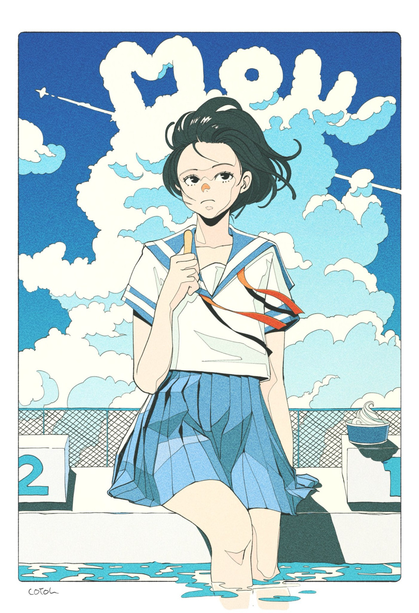 aircraft airplane arm_at_side bad_id bad_twitter_id black_eyes black_hair blue_sailor_collar blue_skirt blue_sky border chain-link_fence cloud cloudy_sky commentary_request contrail cotoh_tsumi cup day diving_block feet_out_of_frame female fence flat_color floating_hair food forehead frown highres holding ice_cream neck_ribbon original outdoors outside_border pale_skin pleated_skirt pool poolside popsicle_stick red_ribbon ribbon sailor_collar school_uniform serafuku shirt short_sleeves signature sitting skirt sky soaking_feet solo sunlight white_border white_shirt wind