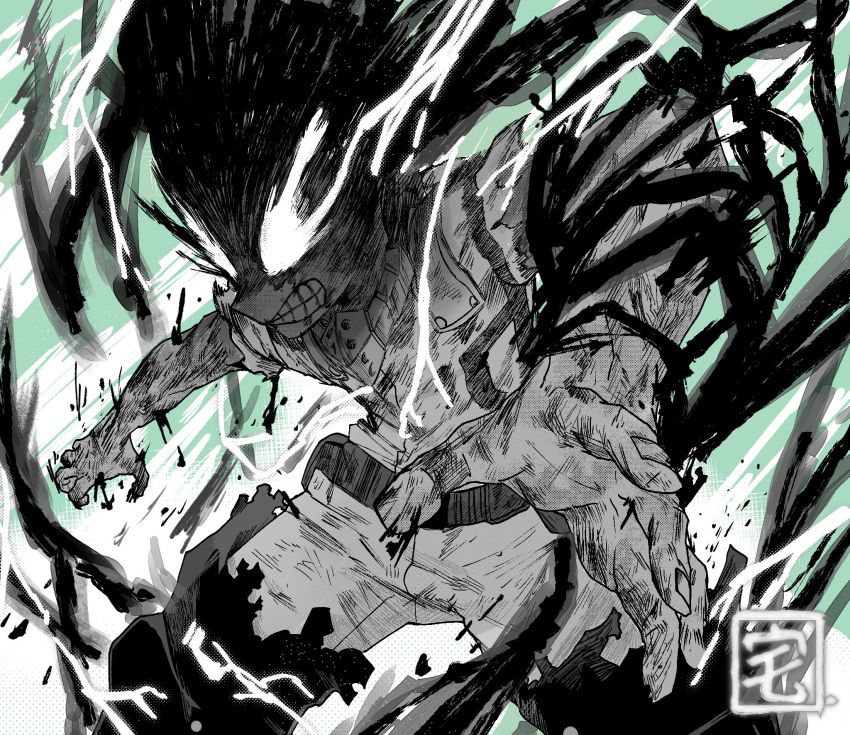 1boy angry artist_logo belt black_whip_(boku_no_hero_academia) blank_eyes bleeding blood bodysuit boku_no_hero_academia clenched_teeth commentary cowboy_shot cuts electricity english_commentary foreshortening furious green_background greyscale_with_colored_background halftone hands_up highres injury leaning_forward legs_apart male_focus midoriya_izuku monochrome outstretched_hand polka_dot polka_dot_background scrape scratches solo spoilers taku_(aywakutakuay) teeth torn_clothes torn_sleeves two-tone_background utility_belt white_background