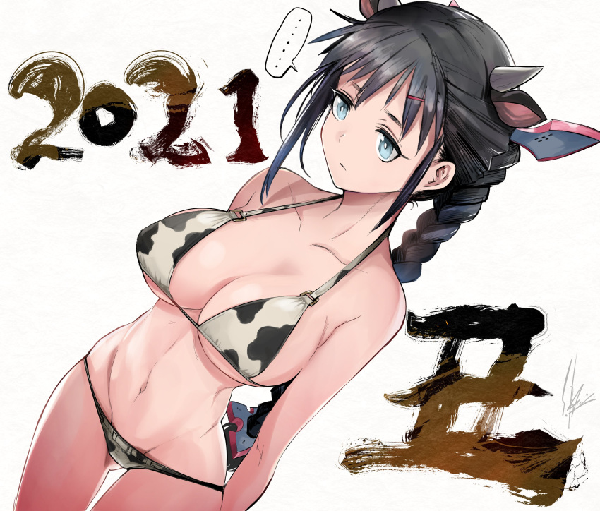 ... 2021 absurdres animal_print ass_visible_through_thighs bikini blue_eyes braid breasts chinese_zodiac cleavage collarbone cow_print cow_print_bikini expressionless female fuuka_(uchuu_ken'etsu-kan) hair_behind_ear highres large_breasts long_hair looking_ahead making-of_available navel print_bikini sadamatsu_ryuuichi solo spoken_ellipsis stomach swimsuit uchuu_ken'etsu-kan very_long_hair white_background year_of_the_ox