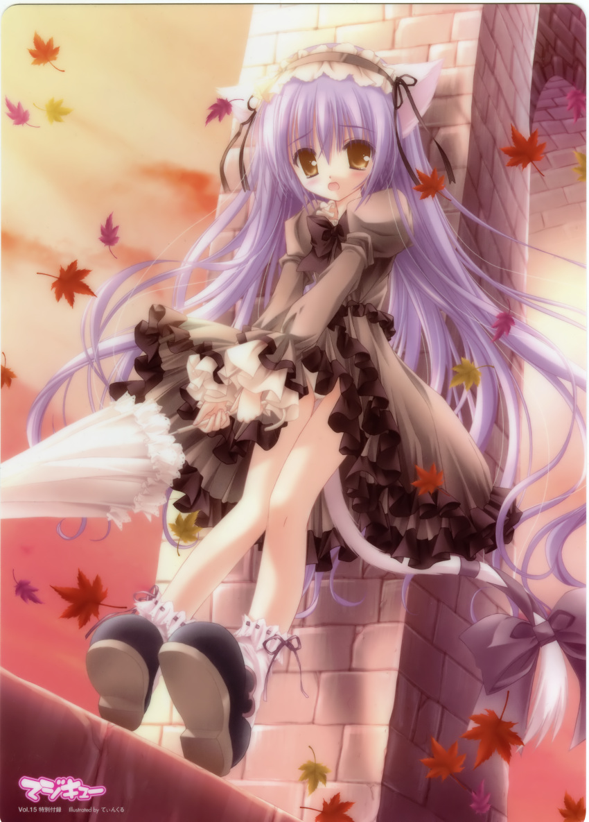 :o absurdres angel_ring_(artbook) animal_ears blush cafe_little_wish cat_ears dress female flat_chest gothic_lolita hairband highres leaf leaning lolita_fashion long_hair mina_(cafe_little_wish) purple_hair solo standing tail tears tinker_bell_(pixiv_10956015) umbrella wavy_hair wind yellow_eyes