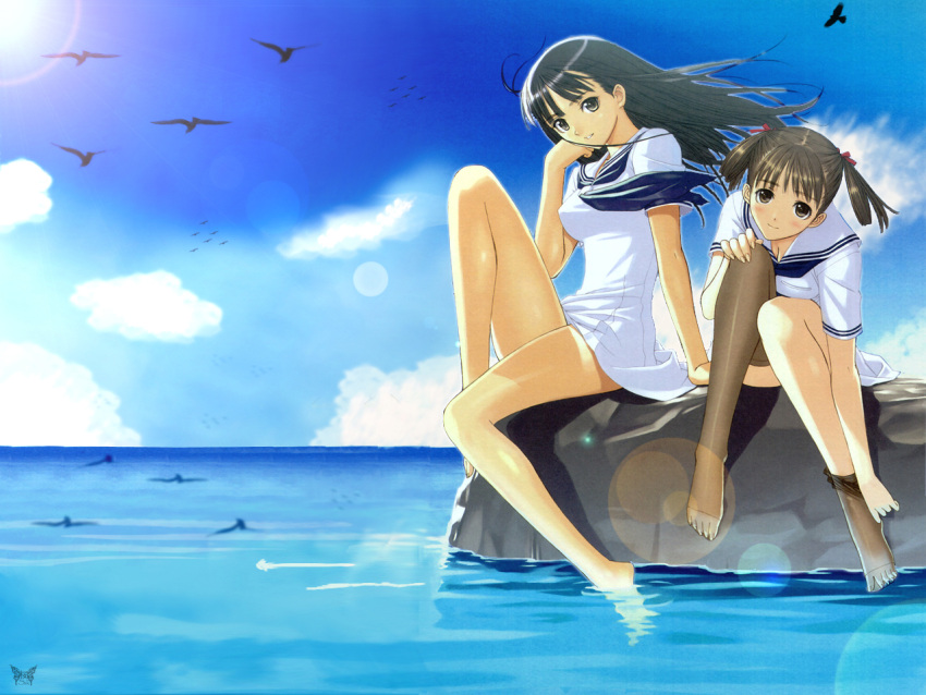 2girls barefoot bird black_hair blush cloud day dress legs lens_flare long_hair mizushima_asa multiple_girls outdoors petite photoshop_(medium) sailor_dress school_uniform serafuku sitting sky smile soaking_feet sora_no_iro_mizu_no_iro sorayama_natsume source_request sun thighhighs third-party_edit tony_taka twintails undressing water wind