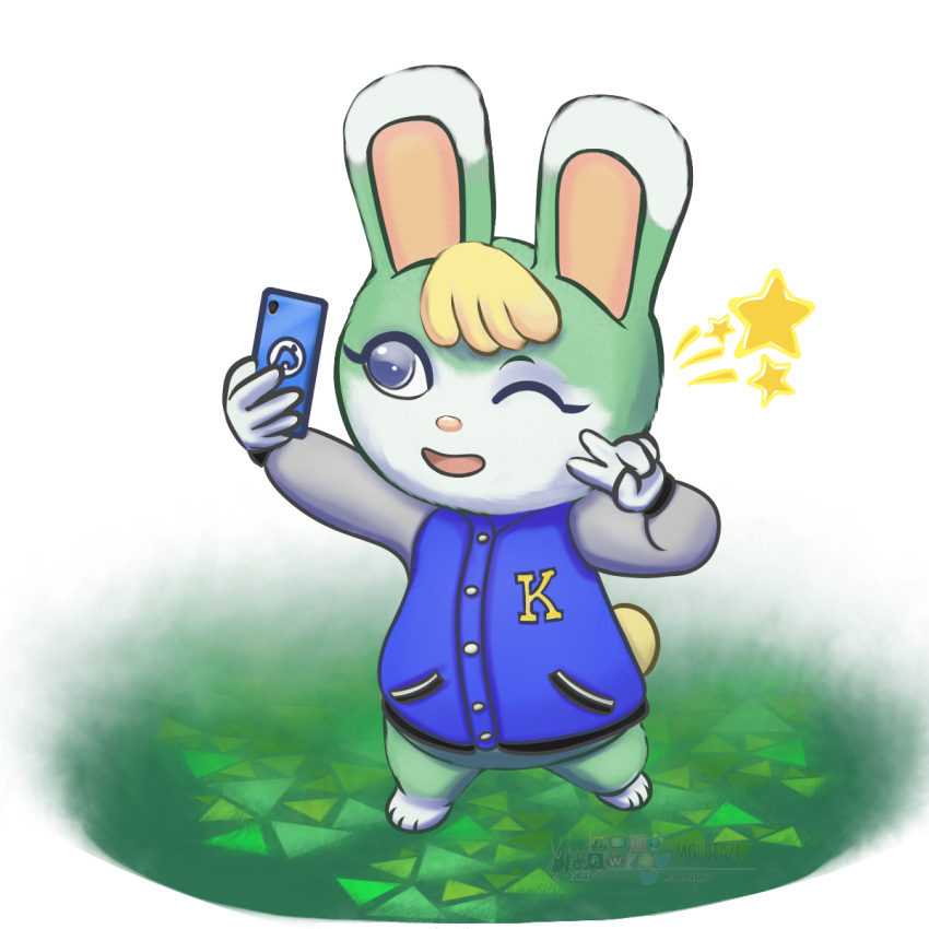 1:1 alpha_channel animal_crossing blue_eyes chibi clothing electronics fur gesture grass green_body green_fur hand_gesture hi_res high-angle_view jacket lagomorph leporid male mammal mglblaze nintendo one_eye_closed phone plant rabbit sasha_(animal_crossing) selfie solo topwear v_sign white_body white_fur wink