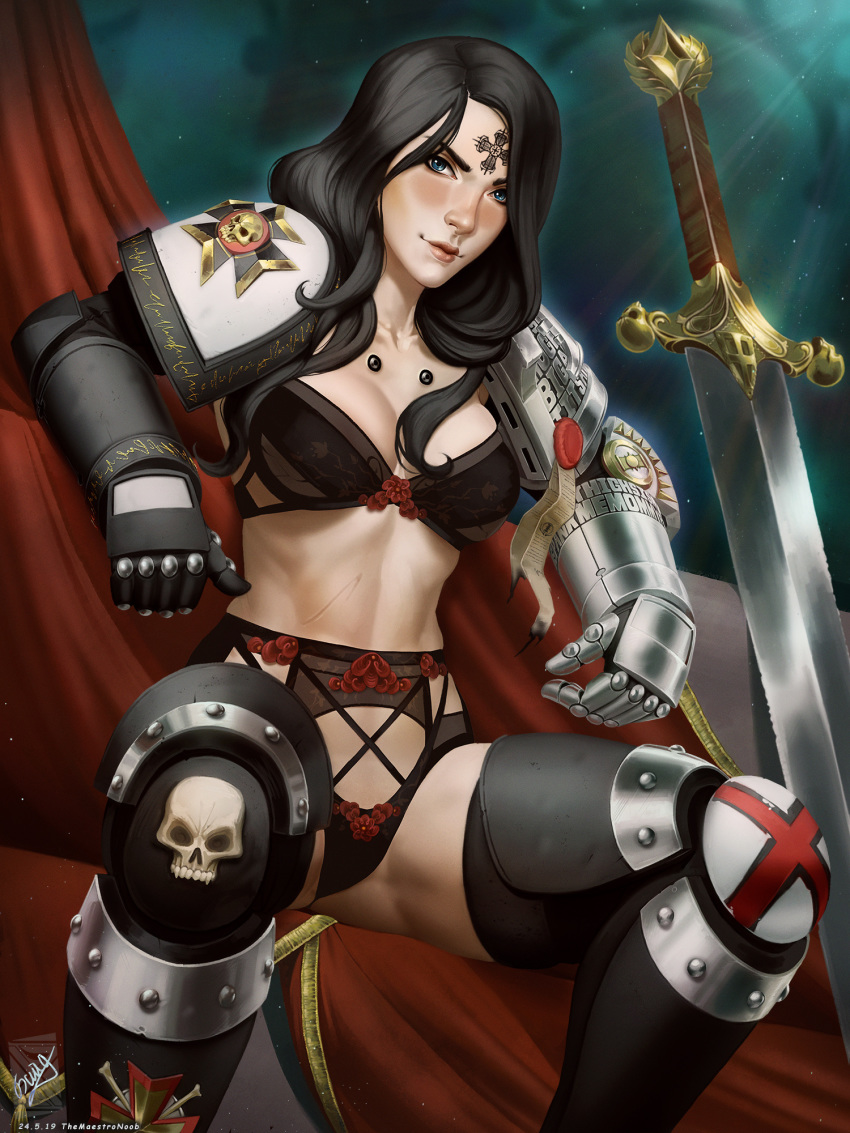 adeptus_astartes armor black_hair black_templars blue_eyes bra breasts cleavage deathwatch female female_only female_space_marine forehead_mark lingerie long_hair midriff panties pauldrons rule_63 sci-fi science_fiction scifi solo solo_female space_marine sword themaestronoob warhammer_(franchise) warhammer_40k weapon