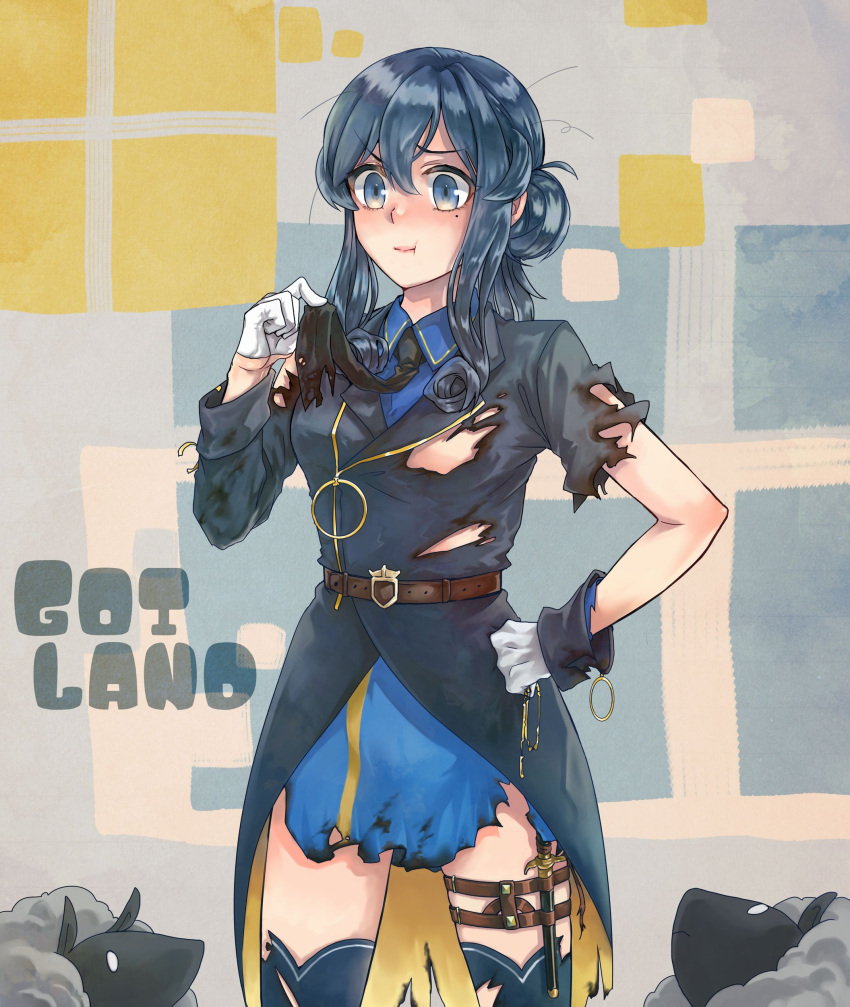 absurdres black_neckerchief blue_hair blue_sailor_collar blue_skirt blush character_name collared_shirt commentary_request cowboy_shot dirk female gloves gotland_(kancolle) gotland_kai_(kancolle) hair_bun half_gloves highres kantai_collection long_hair looking_at_another messy_hair military military_uniform mole mole_under_eye neckerchief oeoeuhoho pout sailor_collar sheep shirt single_hair_bun skirt solo thigh_strap torn_clothes torn_neckerchief torn_skirt uniform white_gloves