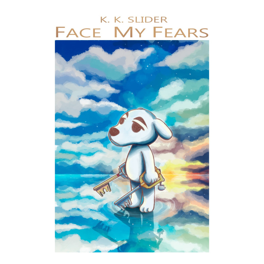 1:1 2020 :< album album_cover animal_crossing anthro barefoot black_eyes black_nose canid canine canis cloud cover crossover disney domestic_dog english_text face_my_fears feet floppy_ears fur hi_res hikaru_utada k.k._slider k.k._slider_album_redraw key keyblade kingdom_hearts kingdom_hearts_3 male mammal melee_weapon meme nintendo nude shadow simple_background sky solo square_enix standing text water weapon white_background white_body white_ears white_fur yuuchi_ng