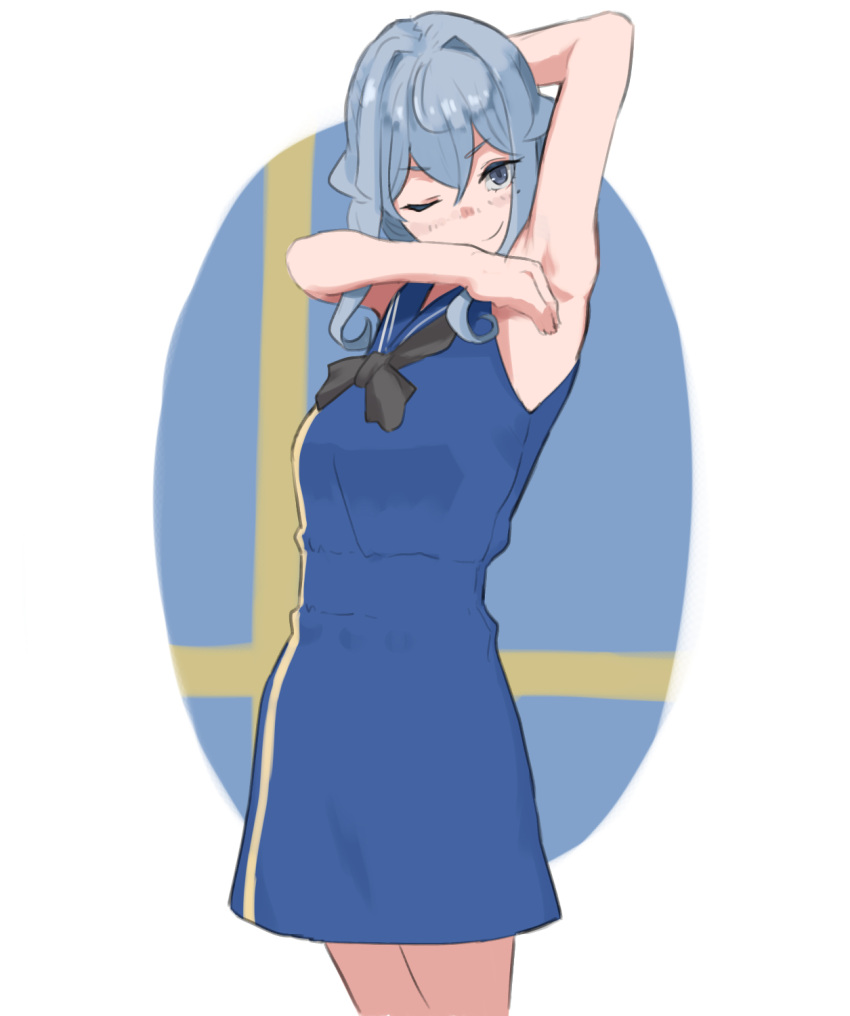 armpits bad_anatomy black_neckerchief blue_dress blue_eyes blue_hair blue_sailor_collar commentary_request doyagao dress female gotland_(kancolle) hair_bun highres kantai_collection long_hair looking_at_viewer mole mole_under_eye neckerchief one_eye_closed sailor_collar sailor_dress sidelocks single_hair_bun sleeveless sleeveless_dress smug solo tsurugi_(the_horizon)