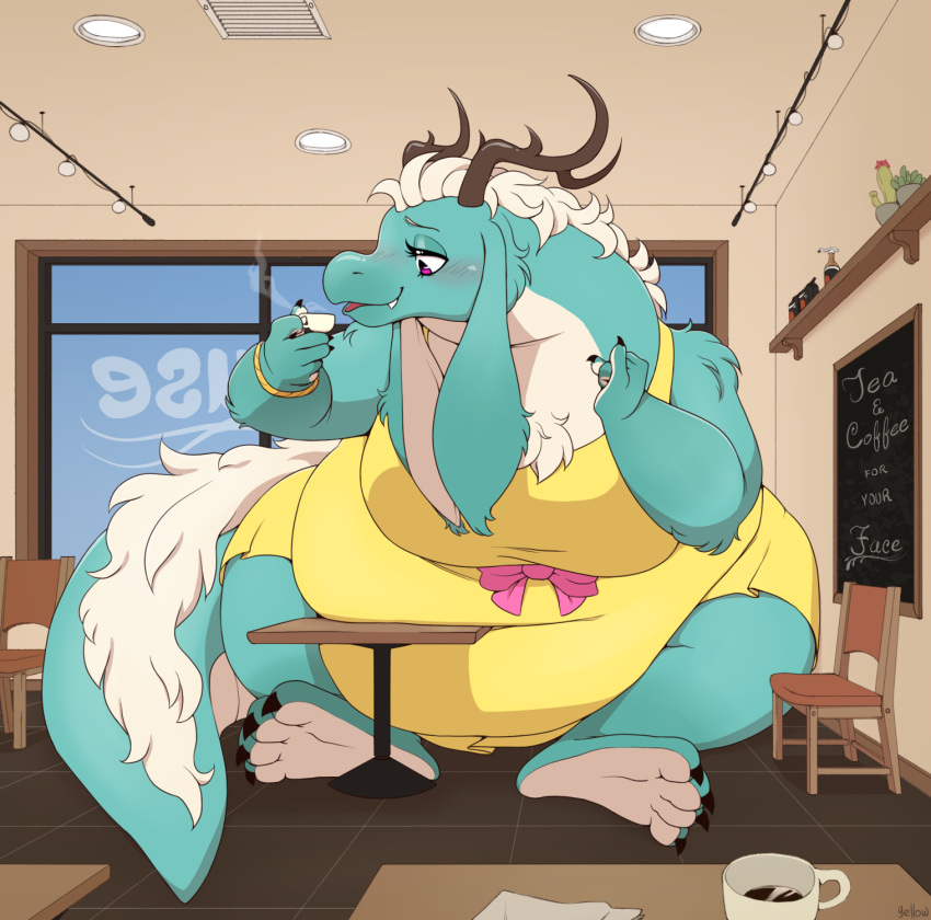 anthro antlers barefoot belly beverage big_belly big_breasts blue_body blue_fur blush breasts chair clothed clothing coffee dragon feet female floppy_ears fur furniture furred_dragon furred_scalie hair hi_res holding_beverage holding_object horn long_tail mythological_creature mythological_scalie mythology overweight overweight_anthro overweight_female pink_eyes scalie solo stella_(yellowhellion) table tail tea white_hair yellowhellion