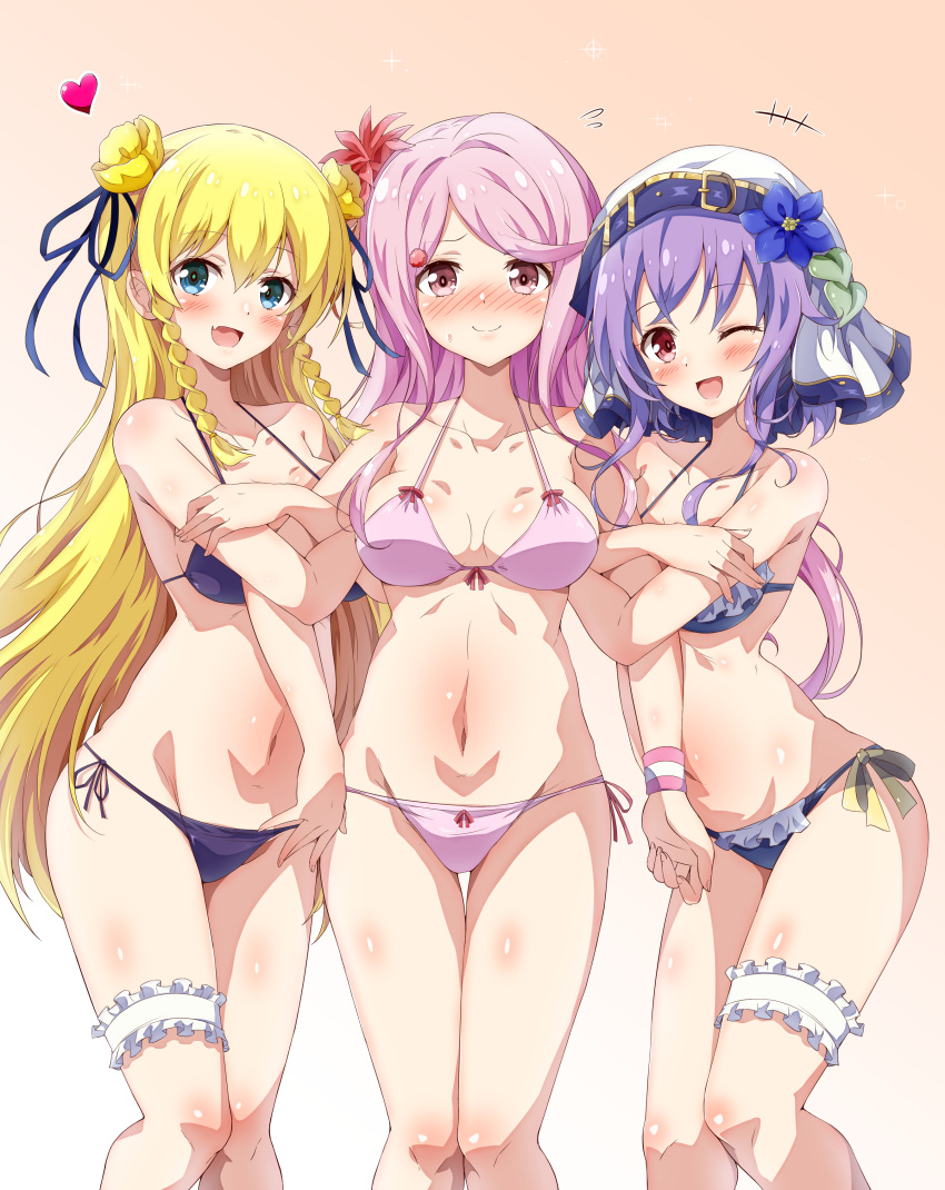 3girls :d ;d absurdres bikini black_bikini blonde_hair blue_bikini blue_eyes blue_ribbon blush breasts bridal_garter closed_mouth commentary_request double_bun eggman_(pixiv28975023) flower_knight_girl frilled_bikini frills gradient_background hair_bun hair_ribbon head_scarf heart highres long_hair looking_at_viewer medium_breasts mizuaoi_(flower_knight_girl) mizuhinageshi_(flower_knight_girl) multiple_girls navel oerba_yun_fang one_eye_closed orange_background pink_bikini pink_eyes pink_hair purple_hair ribbon sangobana_(flower_knight_girl) side-tie_bikini_bottom skin_fang smile standing stomach swimsuit white_headwear