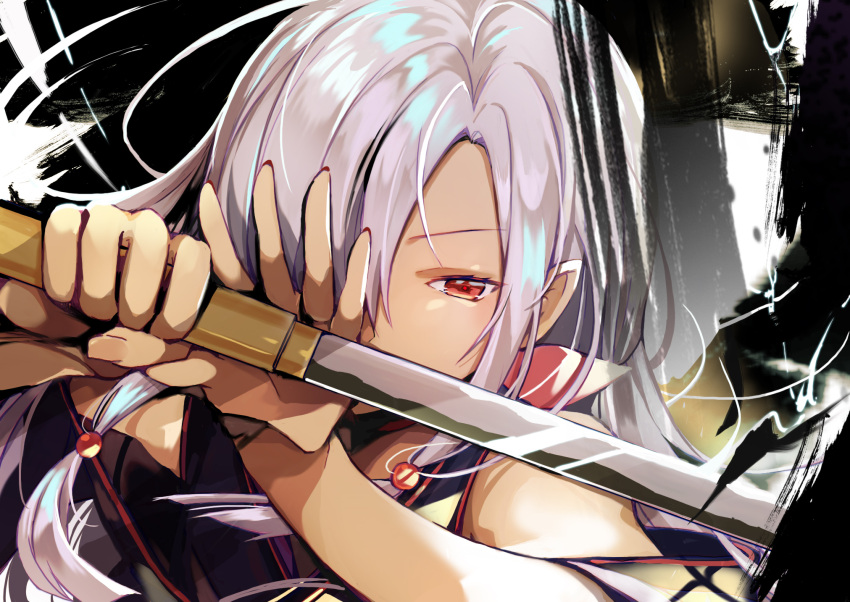 07touka25 bare_shoulders close-up dark-skinned_female dark_skin dress female grey_hair halter_dress halterneck highres holding holding_sword holding_weapon long_hair low-tied_sidelocks one_eye_covered open_hand parted_bangs red_eyes short_sword solo sword tantou tenka_hyakken torikai_rai_kunitsugu upper_body v-shaped_eyebrows weapon