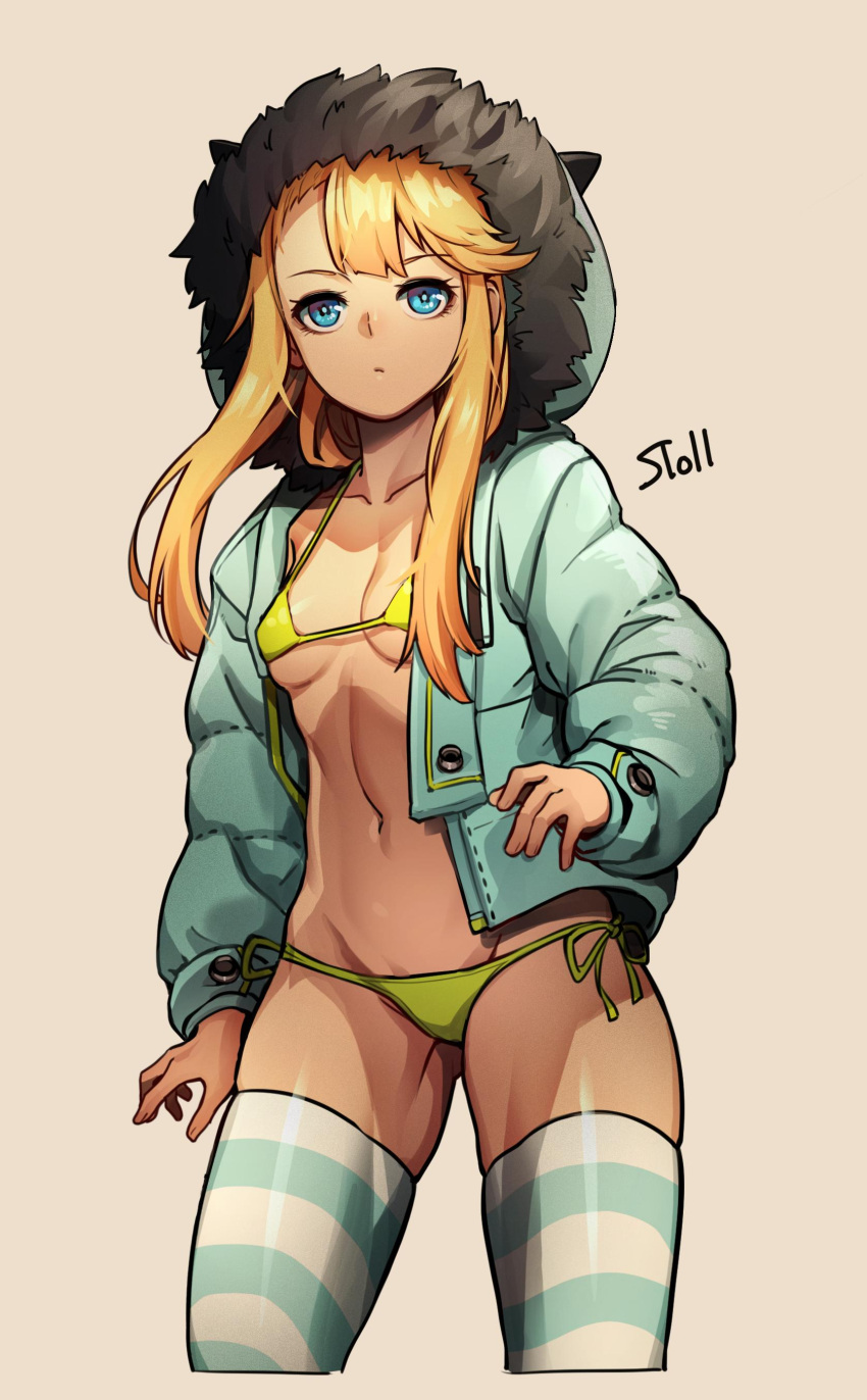 absurdres aqua_jacket aqua_stripes aqua_thighhighs artist_name ass_visible_through_thighs bad_id bad_twitter_id bikini blonde_hair blue_eyes breasts collarbone commentary_request cowboy_shot cropped_legs destiny_child female flower-shaped_pupils frown fur-trimmed_hood fur_trim green_bikini highres hood hooded_jacket jacket korean_commentary linea_alba long_hair navel open_clothes open_jacket original side-tie_bikini_bottom sidelocks signature simple_background small_breasts solo stoll_(tmxhf) stomach string_bikini striped_clothes striped_thighhighs swimsuit symbol-shaped_pupils thighhighs underboob white_thighhighs