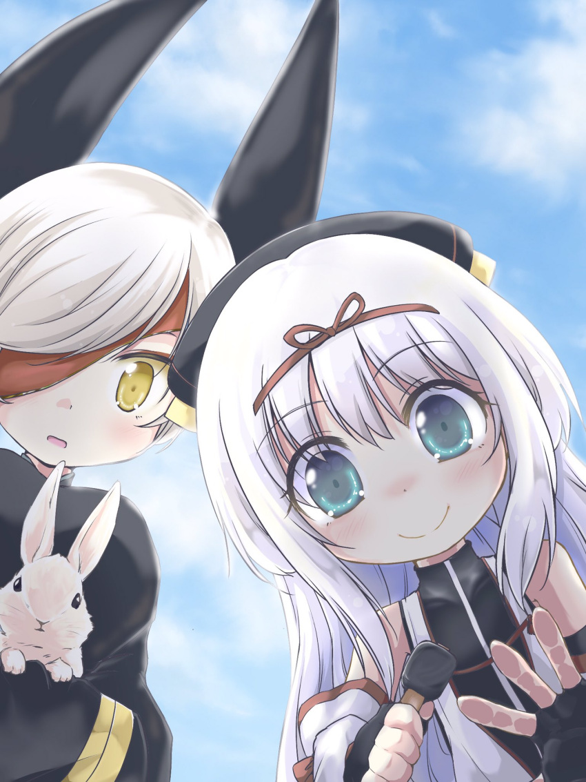 2girls alternate_eye_color animal animal_ears aqua_eyes azamaru_(tenka_hyakken) bare_shoulders bat_ears black_dress black_gloves blue_sky closed_mouth day detached_sleeves dress fingerless_gloves foxxre gloves hammer highres holding holding_animal holding_hammer kannagiri_nagamitsu_(tenka_hyakken) long_hair multiple_girls one_eye_covered open_hand open_mouth outdoors pov rabbit short_hair sidelocks sky smile tenka_hyakken white_dress white_hair yellow_eyes