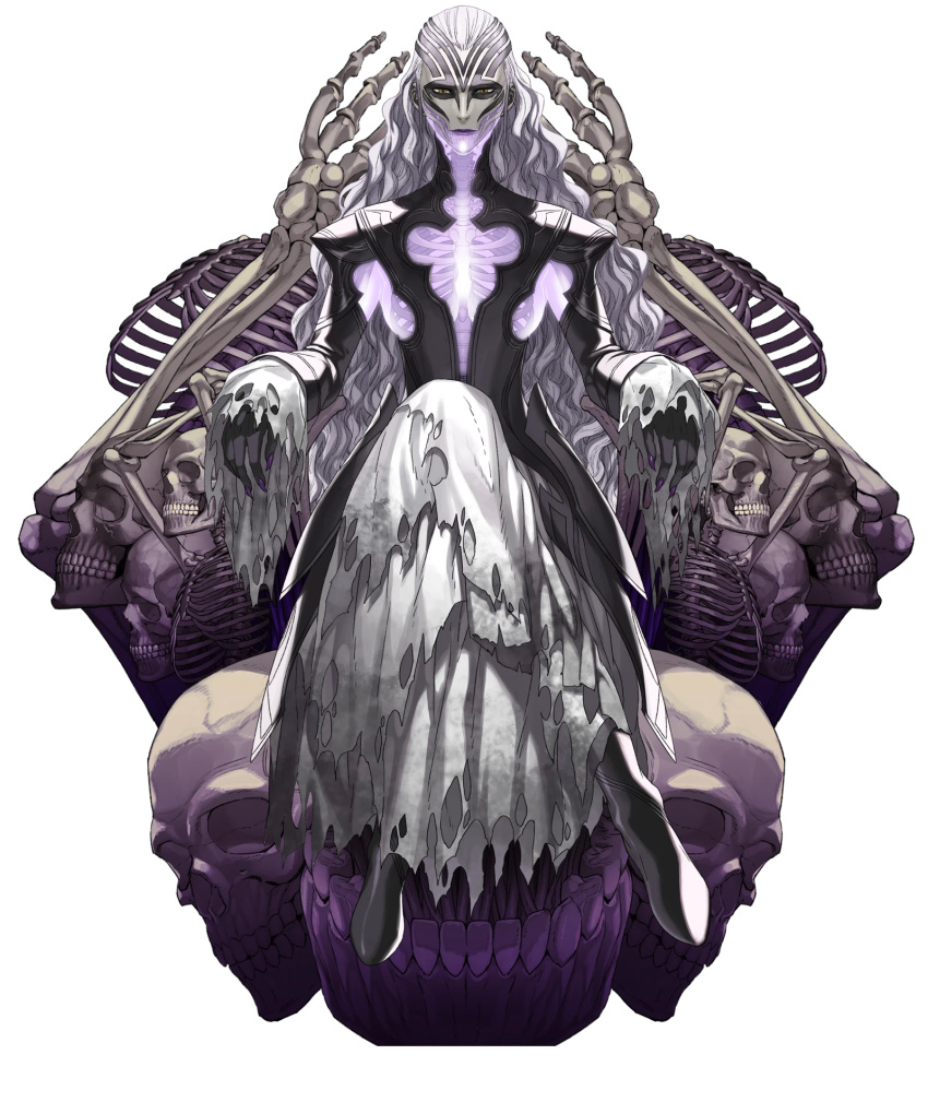 black_dress black_footwear bone boots chair closed_mouth crossed_legs dress facial_mark female fingernails fire_emblem fire_emblem_heroes full_body grey_hair hel_(fire_emblem) highres kozaki_yuusuke lips long_dress long_fingernails long_hair long_sleeves non-web_source official_art purple_nails see-through see-through_body sitting skeleton skirt skull solo torn_clothes torn_skirt torn_sleeves transparent_background wide_sleeves