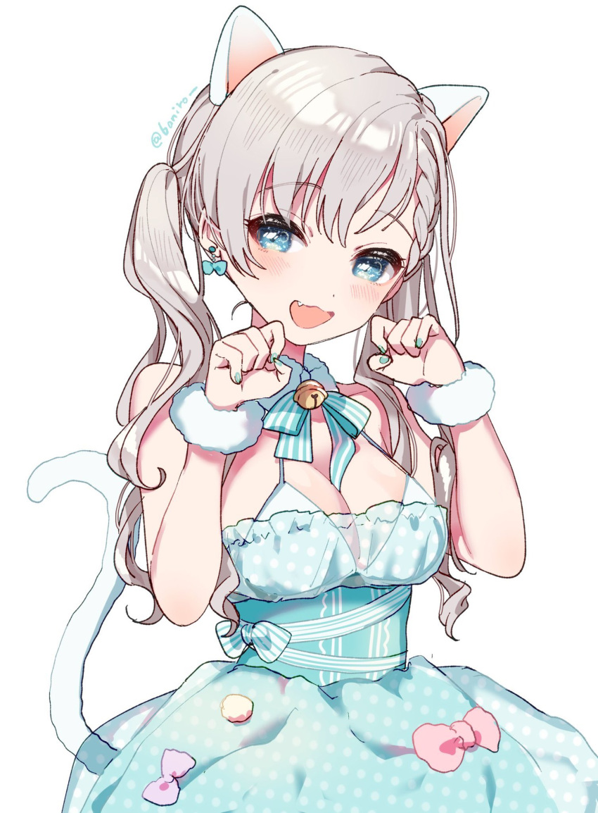 animal_ears banirou bell blue_dress blue_eyes blush bow braid breasts cat_ears cat_tail cleavage collar dress earrings female fur_bracelet grey_hair highres hisakawa_hayate idolmaster idolmaster_cinderella_girls idolmaster_cinderella_girls_starlight_stage jewelry long_hair medium_breasts nail_polish neck_bell oerba_yun_fang open_mouth paw_pose simple_background solo tail twintails twitter_username white_background