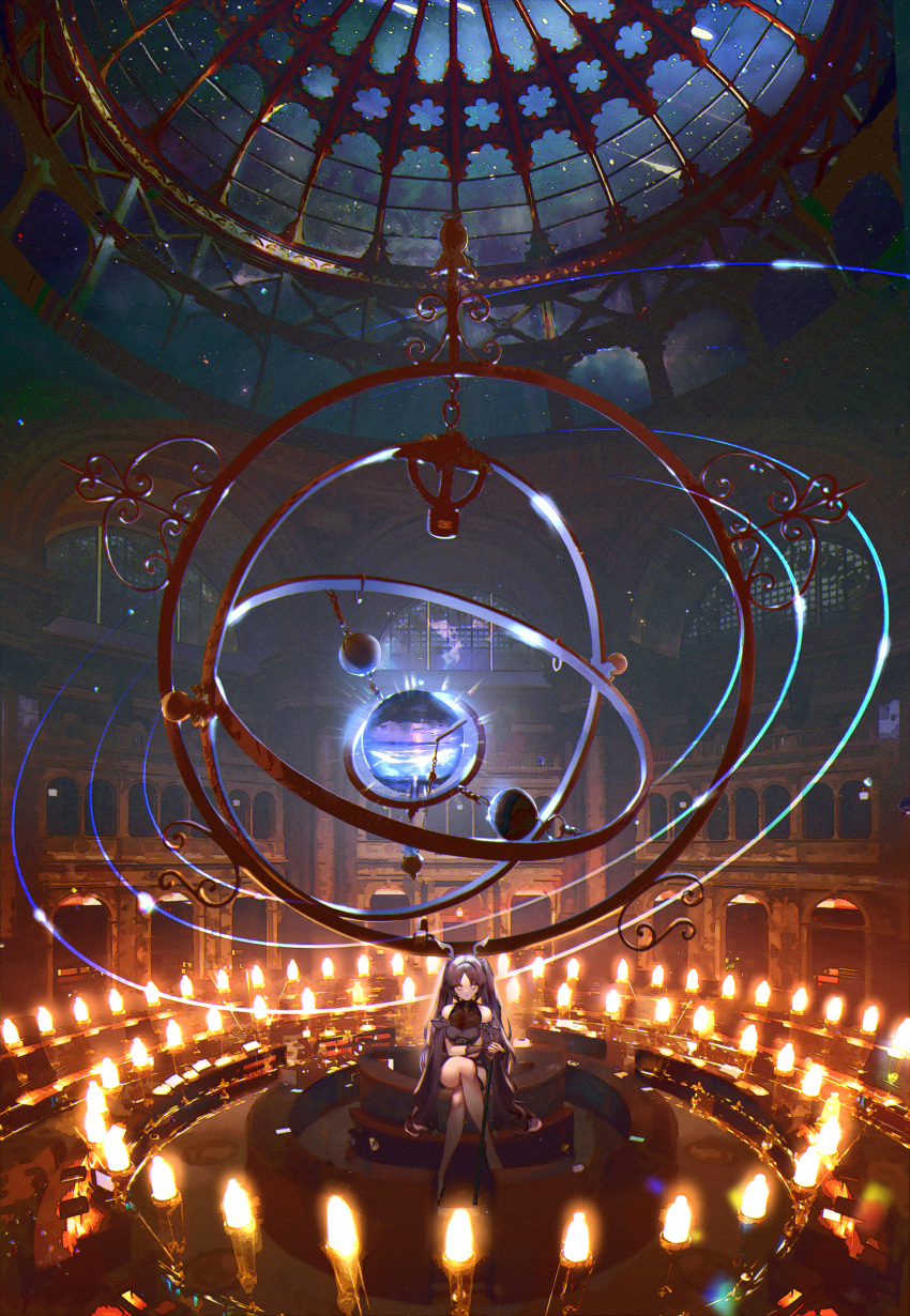 absurdres arch armillary_sphere bare_legs bare_shoulders black_joa candle cane crossed_legs dome female fishnets glass_ceiling high_heels highres holding holding_cane indoors long_hair night night_sky orbital_path original purple_hair scenery shooting_star sky skylight_(architecture) staff star_(sky) starry_sky twintails very_long_hair yellow_eyes