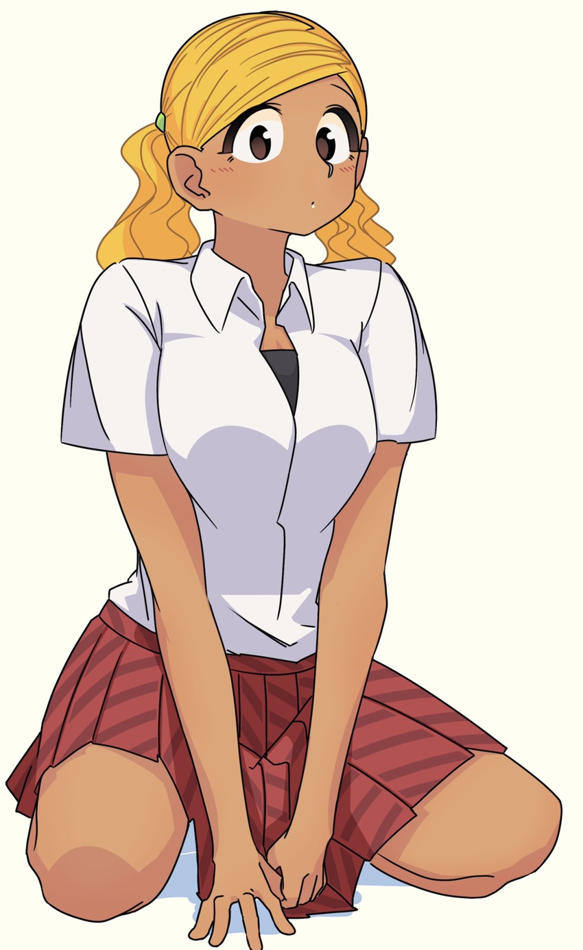 between_legs blonde_hair blush breasts brown_eyes closed_mouth dark-skinned_female dark_skin female hand_between_legs highres itan_private_high_school_uniform komi-san_wa_komyushou_desu large_breasts lecca_aisu looking_at_viewer manbagi_rumiko pleated_skirt red_skirt school_uniform shirt simple_background skirt solo twintails white_shirt wing_collar