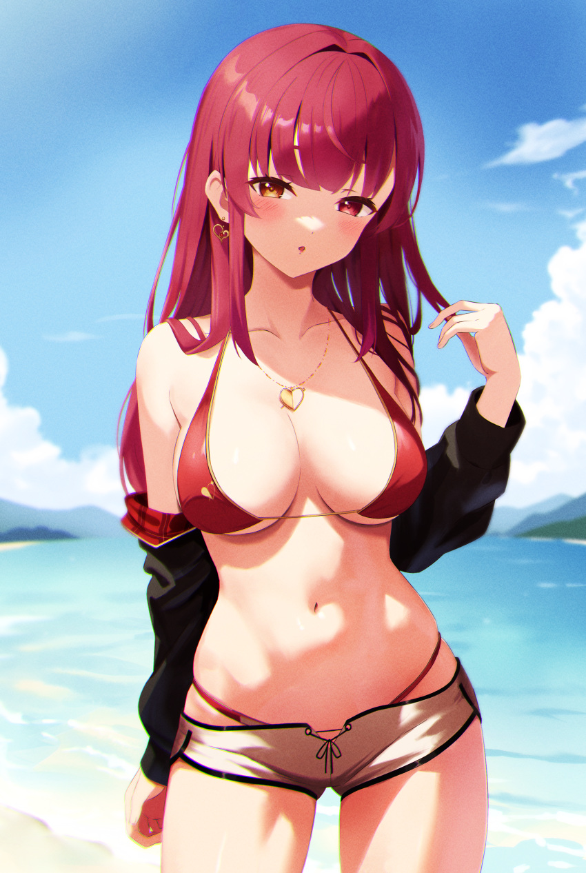 :o absurdres bikini black_jacket blue_sky blush breasts commentary_request day dolphin_shorts earrings female hair_down heart heart_earrings heart_necklace heterochromia highres hololive houshou_marine houshou_marine_(summer) jacket jewelry large_breasts long_hair looking_at_viewer meme_tesshin navel necklace off_shoulder orange_eyes outdoors parted_lips red_bikini red_eyes red_hair revision shorts sky solo stomach swimsuit virtual_youtuber