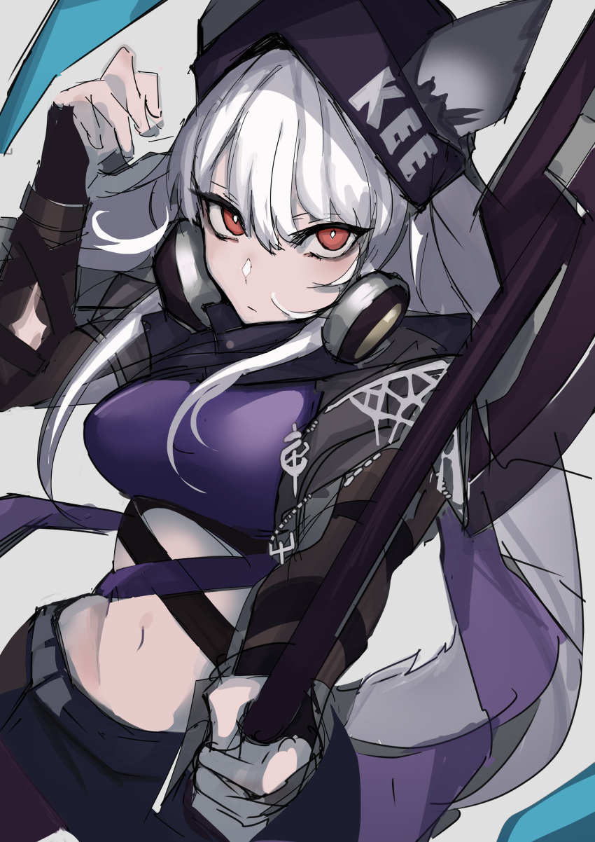 absurdres animal_ears arknights black_hat black_pants breasts bright_pupils chuhaibane clothes_writing cowboy_shot cropped_shirt ears_through_headwear female fox_ears fox_girl frostleaf_(arknights) frostleaf_(breaking_the_ice)_(arknights) grey_hair hat headphones headphones_around_neck highres holding holding_polearm holding_weapon long_sleeves medium_breasts midriff navel official_alternate_costume pants polearm purple_shirt red_eyes shirt solo weapon white_pupils