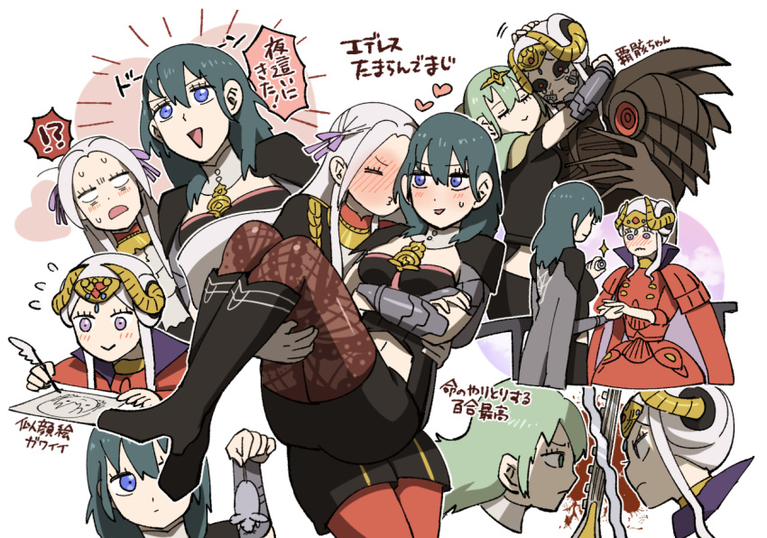 2girls aged_up armlet armor ass black_armor blue_eyes blush bodice boots breasts brown_pantyhose bustier byleth_(female)_(fire_emblem) byleth_(fire_emblem) cape capelet carrying chibi clash commentary_request couple crossed_arms drawing duel edelgard_von_hresvelg edelgard_von_hresvelg_(hegemon_husk) embarrassed fire_emblem fire_emblem:_three_houses floral_print garreg_mach_monastery_uniform gloves grey_hair hair_ornament hair_ribbon high_heel_boots high_heels holding horns hug jewelry knee_boots korokoro_daigorou lace-trimmed_legwear lace_trim long_hair marriage_proposal monster monster_girl mouse_(animal) multiple_girls multiple_persona navel o3o pantyhose pantyhose_under_shorts patterned_legwear princess_carry print_pantyhose red_pantyhose ribbon ring shorts shoulder_armor simple_background smile spoilers sword sword_of_the_creator tassel tears translated turtleneck uniform vambraces weapon yuri