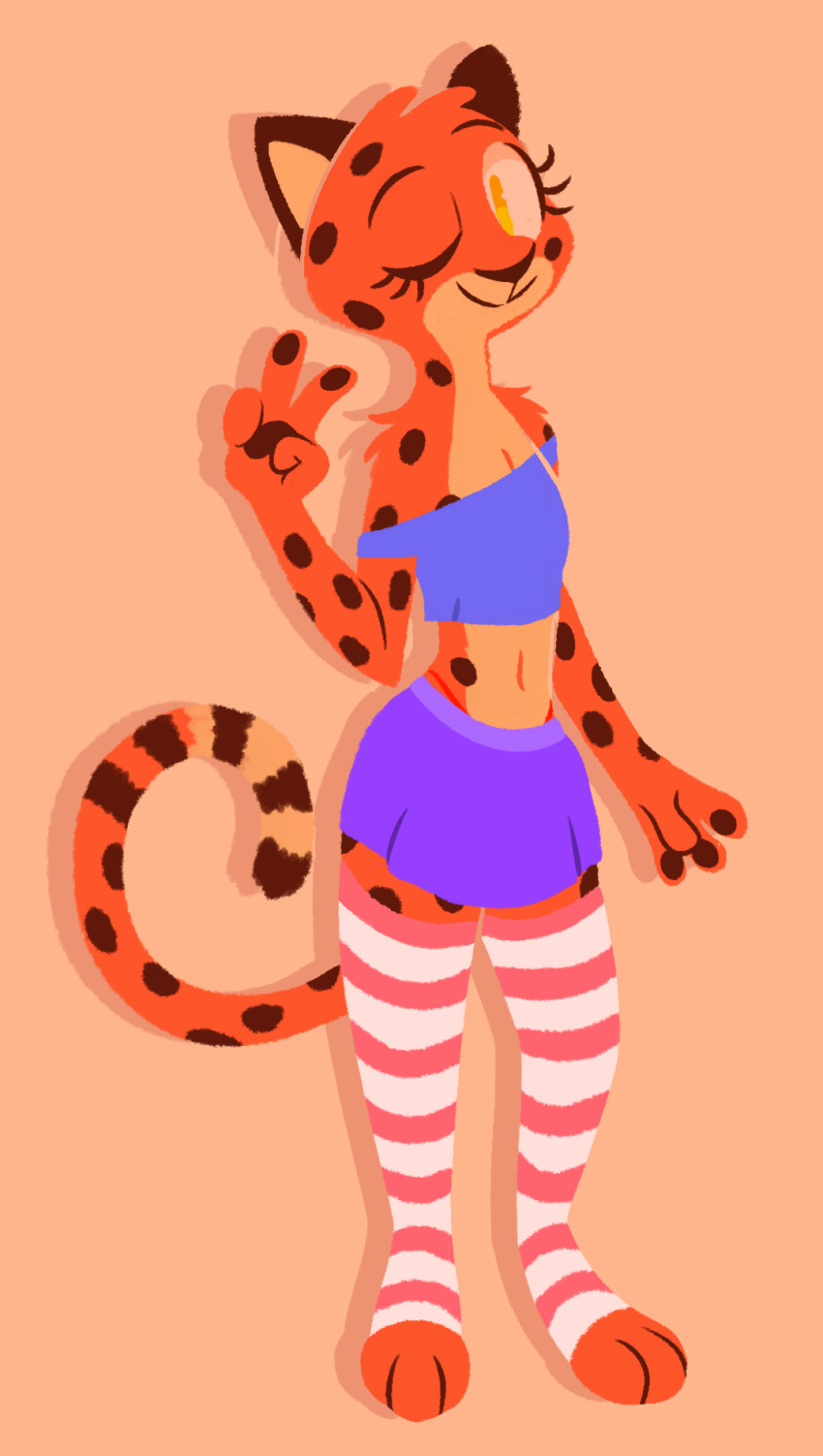 2020 anthro bottomwear brown_spots cheetah clothed clothing felid feline female footwear full-length_portrait fully_clothed fur gesture hand_gesture hi_res legwear looking_at_viewer mammal markings midriff navel one_eye_closed orange_body orange_fur portrait simple_background skirt socks solo spots spotted_body spotted_fur standing stephie_(fraydia1) tan_background theblueberrycarrots thigh_highs thigh_socks v_sign wink