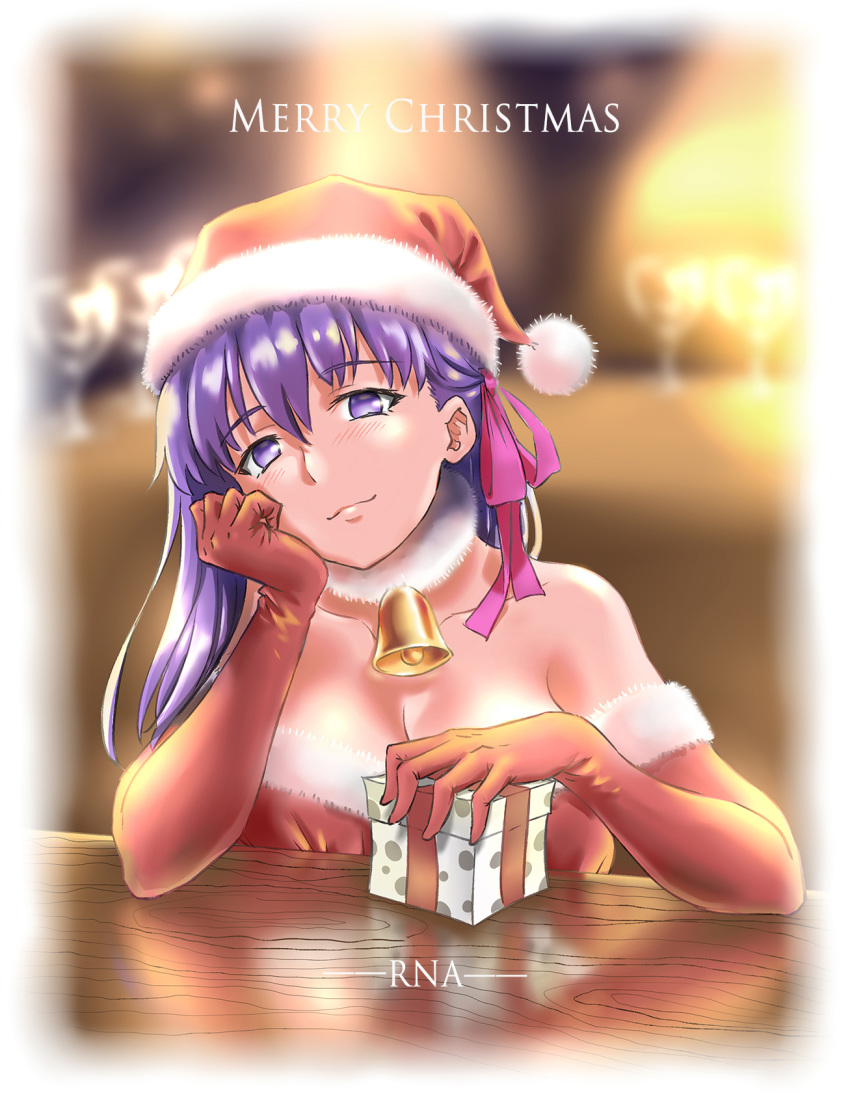 artist_name bell blurry blurry_background box breasts choker christmas cleavage closed_mouth collarbone elbow_gloves fate/stay_night fate_(series) female fur-trimmed_gloves fur-trimmed_headwear fur_trim gift gift_box gloves hair_between_eyes hat head_rest head_tilt highres large_breasts long_hair looking_at_viewer matou_sakura merry_christmas no_pupils photoshop_(medium) purple_eyes purple_hair red_gloves red_hat rna_(angel-smelter) santa_costume santa_hat smile solo