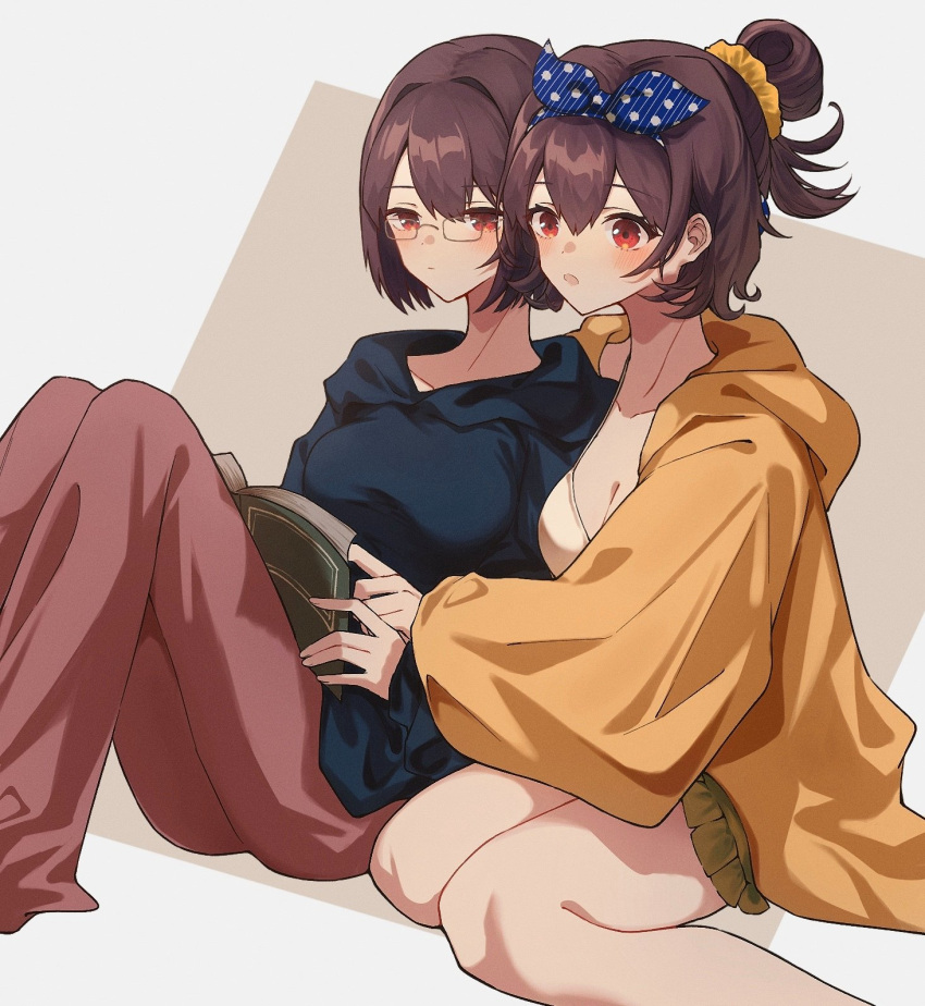 2girls alternate_costume bespectacled blush book breasts brown_hair cleavage closed_mouth glasses hair_ornament hair_scrunchie hairband highres holding holding_book hood hoodie hyuuga_(kancolle) ise_(kancolle) kantai_collection kazeshio long_sleeves multiple_girls pajamas pants parted_lips polka_dot polka_dot_background polka_dot_hairband ponytail protected_link red_eyes scrunchie short_hair simple_background sitting skirt