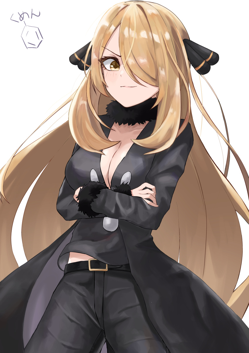 absurdres bad_id bad_pixiv_id belt black_belt black_coat black_pants blonde_hair breasts cleavage closed_mouth coat cowboy_shot crossed_arms cynthia_(pokemon) female floating_hair hair_ornament hair_over_one_eye highres long_hair looking_at_viewer medium_breasts midriff open_clothes open_coat pants pokemon pokemon_dppt simple_background smile smug solo standing stomach tare_negima very_long_hair white_background yellow_eyes