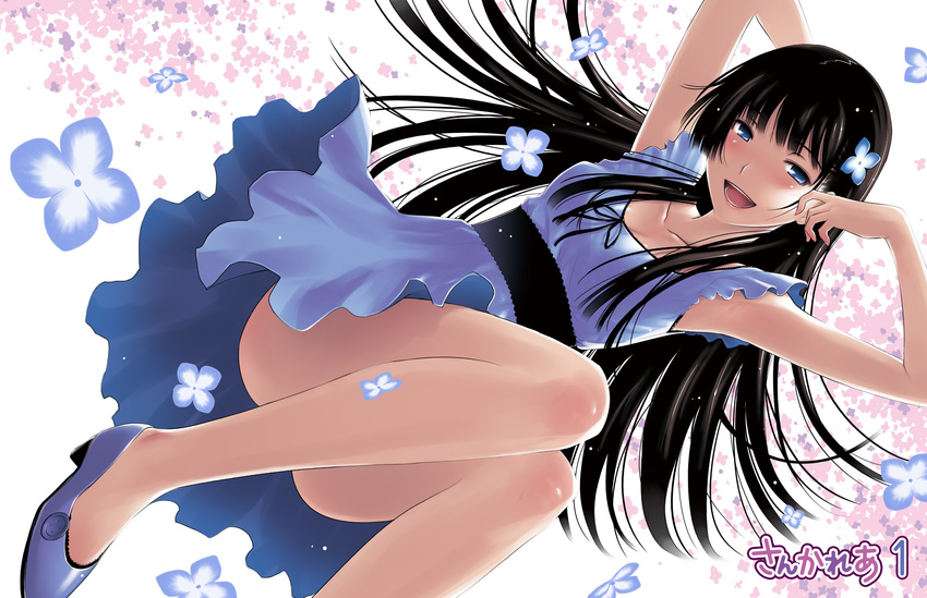 :d ass black_hair blue_dress blue_eyes convenient_leg copyright_name dress female flower hair_flower hair_ornament hattori_mitsuru high_heels highres hydrangea long_hair looking_at_viewer official_art open_mouth sanka_rea sankarea shoes smile solo thighs