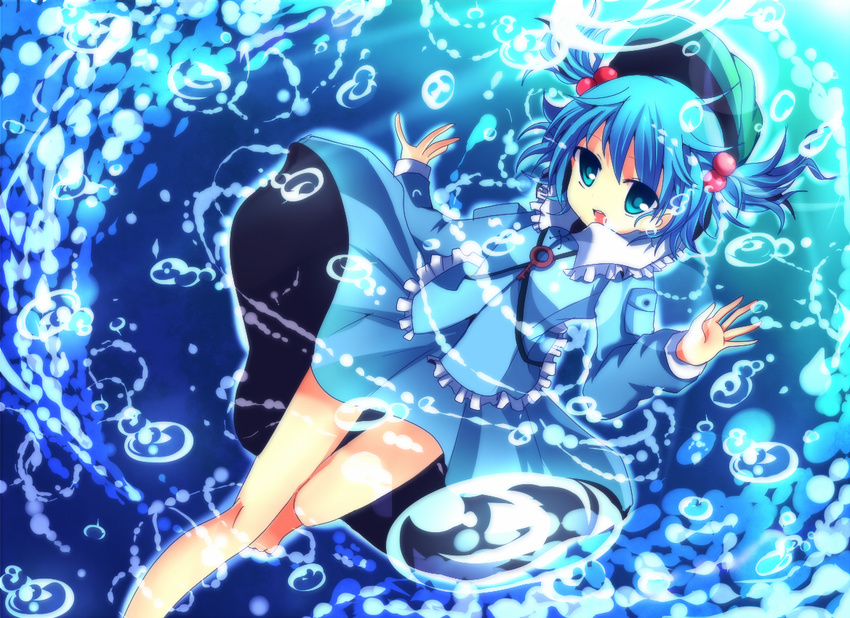 air_bubble bad_id bad_pixiv_id bare_legs barefoot blue_hair bubble dress female hair_bobbles hair_ornament hands_up hat kawashiro_nitori key legs light_rays long_sleeves open_mouth pocket shimotsuki_eri shirt short_hair skirt skirt_set smile solo sunbeam sunlight touhou two_side_up underwater wet wet_clothes