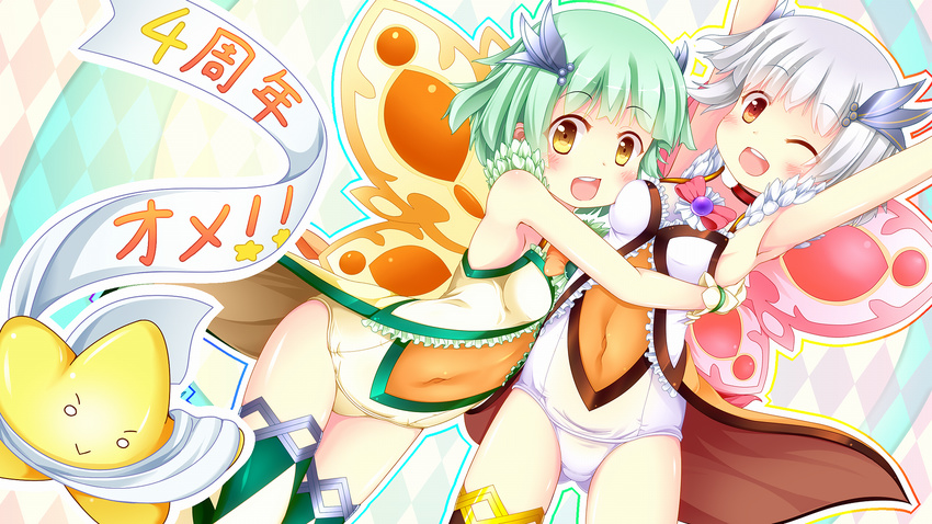 2girls :d ;d argyle_background arms_up blush brown_eyes commentary_request fairy fairy_wings feather_trim green_hair hair_ornament happy_(sennen_sensou_aigis) highres joy_(sennen_sensou_aigis) multiple_girls one_eye_closed open_mouth sabune_bon sennen_sensou_aigis short_hair smile standing star_(symbol) thighhighs white_hair wings