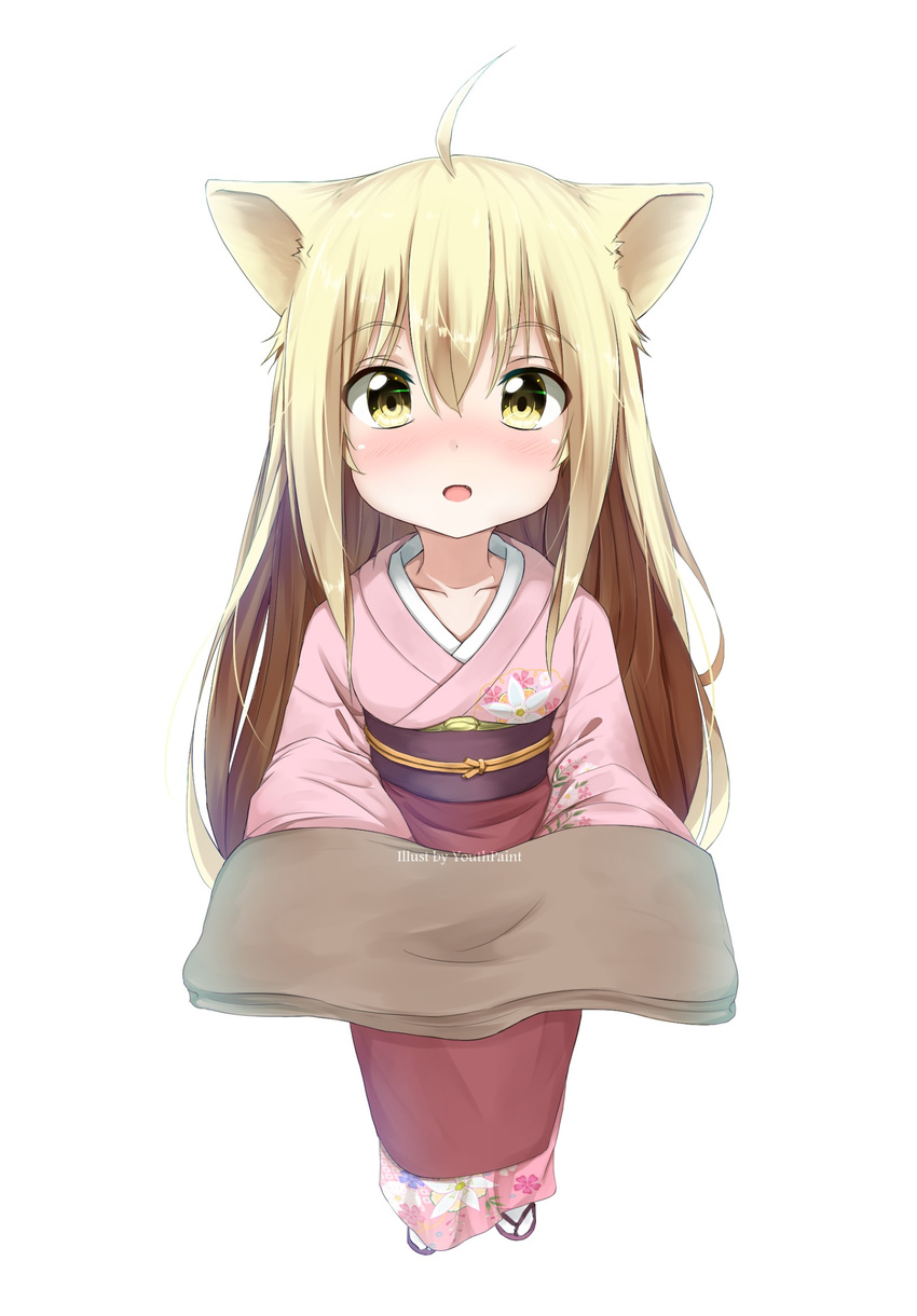 ahoge animal_ears artist_name blonde_hair blush commentary_request eyebrows female highres japanese_clothes kimono konohana_kitan lolicon long_hair looking_at_viewer oerba_yun_fang open_mouth simple_background solo standing towel very_long_hair white_background yellow_eyes youthpaint yuzu_(konohana_kitan)