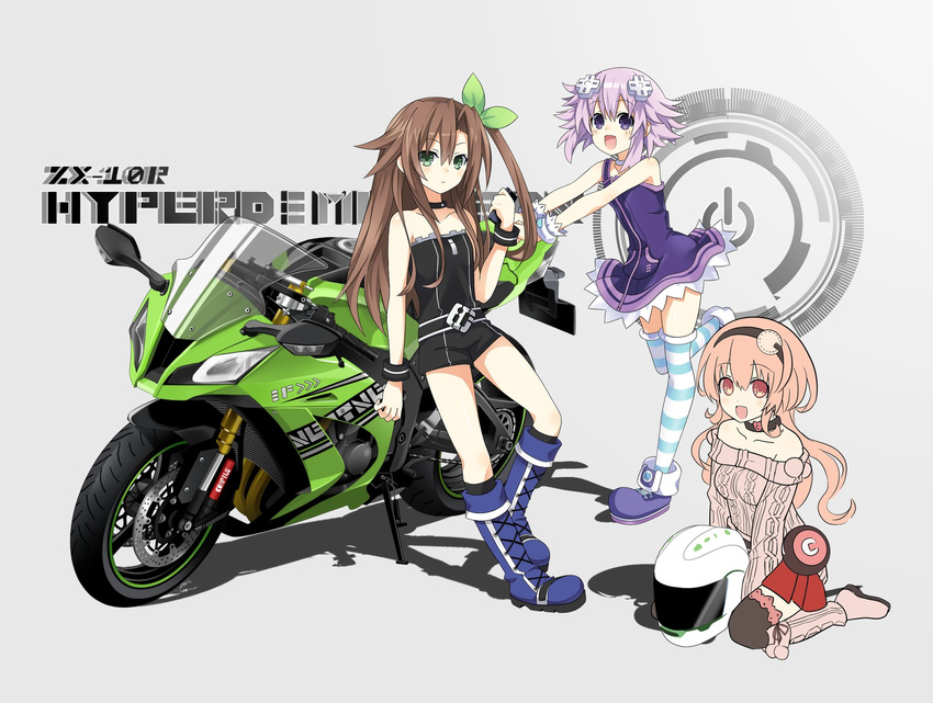 3girls bad_id bad_twitter_id bare_shoulders bow brown_hair choker choujigen_taisen_neptune_vs_sega_hard_girls compa d-pad d-pad_hair_ornament green_eyes hair_ornament hairbow highres if_(neptunia) kawasaki motor_vehicle motorcycle multiple_girls neptune_(neptunia) neptune_(series) purple_eyes purple_hair sitting striped_clothes striped_thighhighs sweater thighhighs zero_(ray_0805)