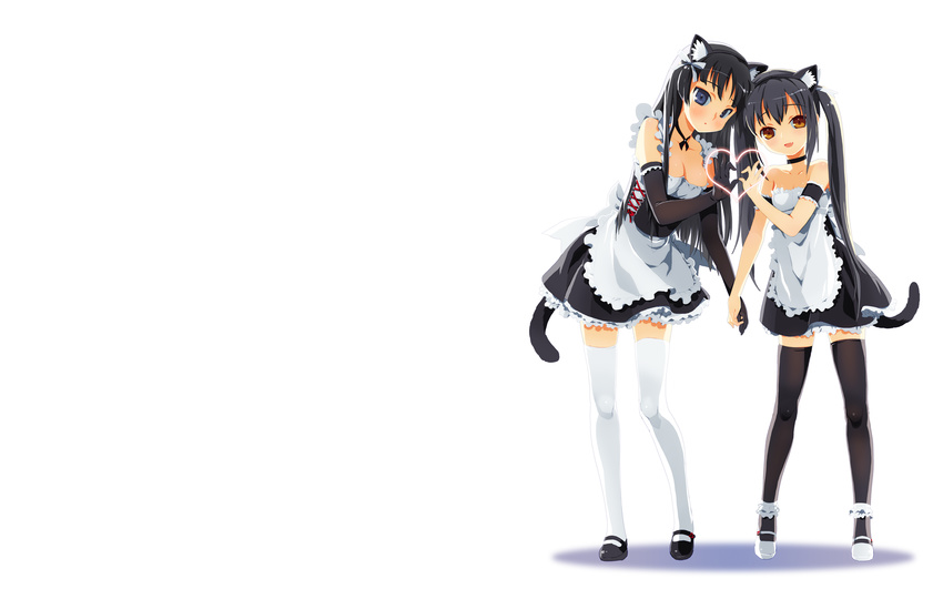 2girls akiyama_mio animal_ears black_hair blue_eyes brown_eyes catgirl cleavage elbow_gloves gloves k-on! long_hair maid nakano_azusa neko_sakana oerba_yun_fang tail thighhighs twintails white