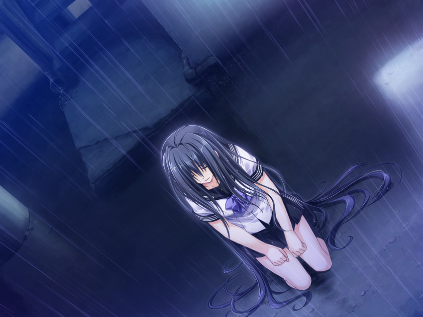 alpha_(yukai_na_nakamatachi) black_hair closed_eyes female game_cg highres kneeling kourin_no_machi_lavender_no_shoujo long_hair outdoors rain sakuragi_hikaru school_uniform solo