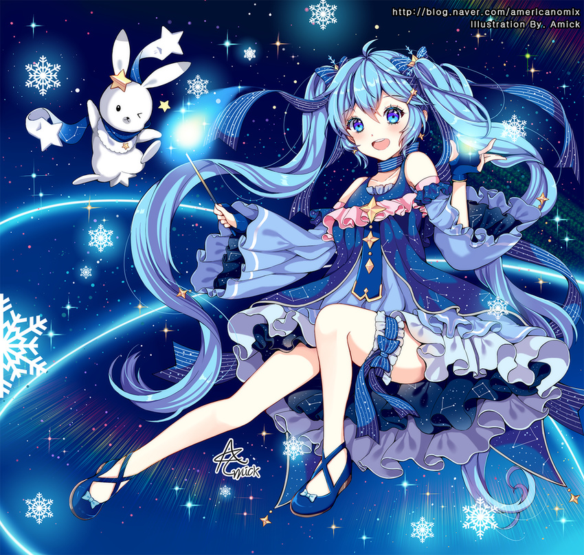 amick_(americanomix) artist_name bad_id bad_pixiv_id blue_dress blue_eyes blue_hair constellation constellation_print detached_sleeves diffraction_spikes dress female fingerless_gloves full_body gloves hair_ornament hairclip hatsune_miku lens_flare long_hair looking_at_viewer one_eye_closed open_mouth rabbit rabbit_yukine sky snowflakes space star_(sky) star_(symbol) starry_sky twintails very_long_hair vocaloid wand yuki_miku yuki_miku_(2017)