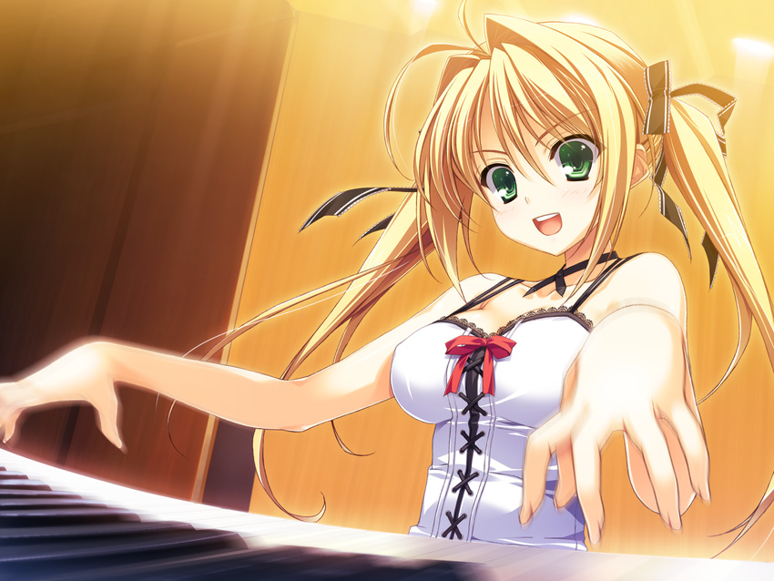 blonde_hair game_cg green_eyes kamiyama_reika kourin_no_machi_lavender_no_shoujo piano twintails yuuki_hagure